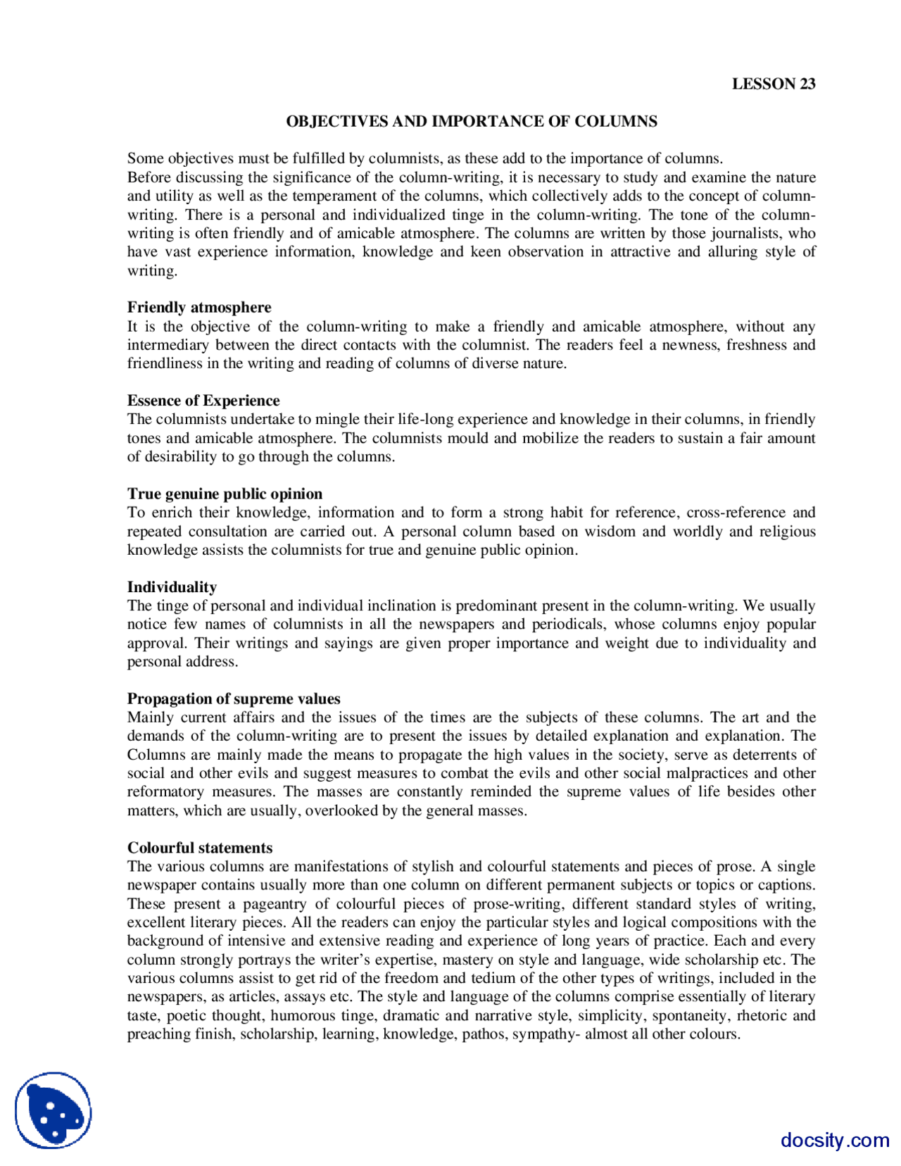 Importance of Columns-Feature and Coloumn Writing-Lecture Handout Importance of Columns-Feature and Coloumn Writing-Lecture Handout