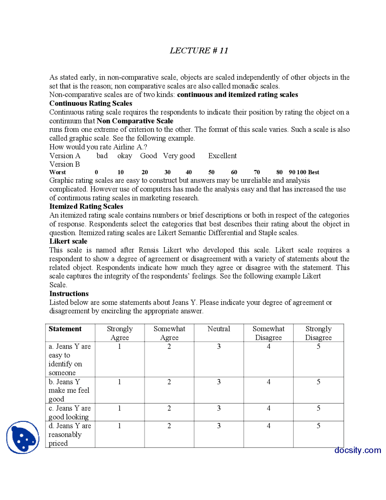 Continuous Rating Scales-Marketing Research-Lecture Handout - Docsity