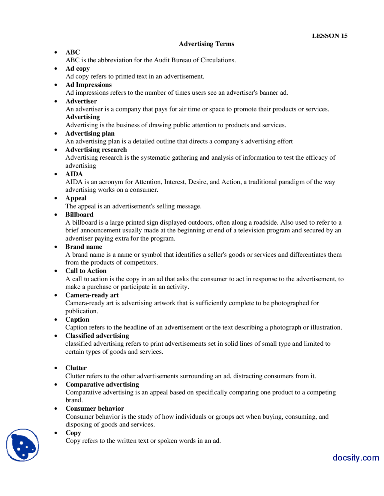 Ad. Terms Advertising Terms-Advertising and Promotion-Lecture Handout - Docsity
