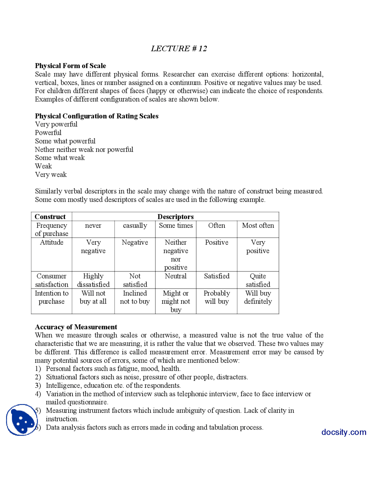 Physical Scale Document Example Physical Form of Scale-Marketing Research-Lecture Handout - Docsity