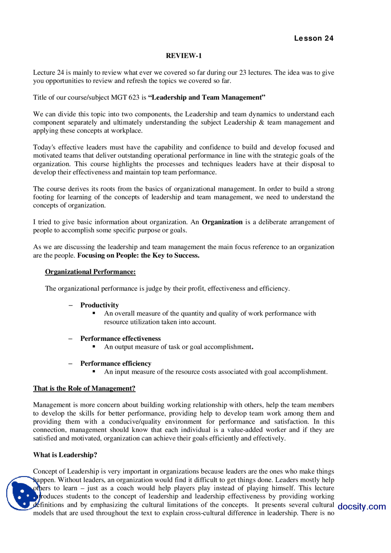 Review-I-Leadership and Team Managment-Lecture Handout - Docsity