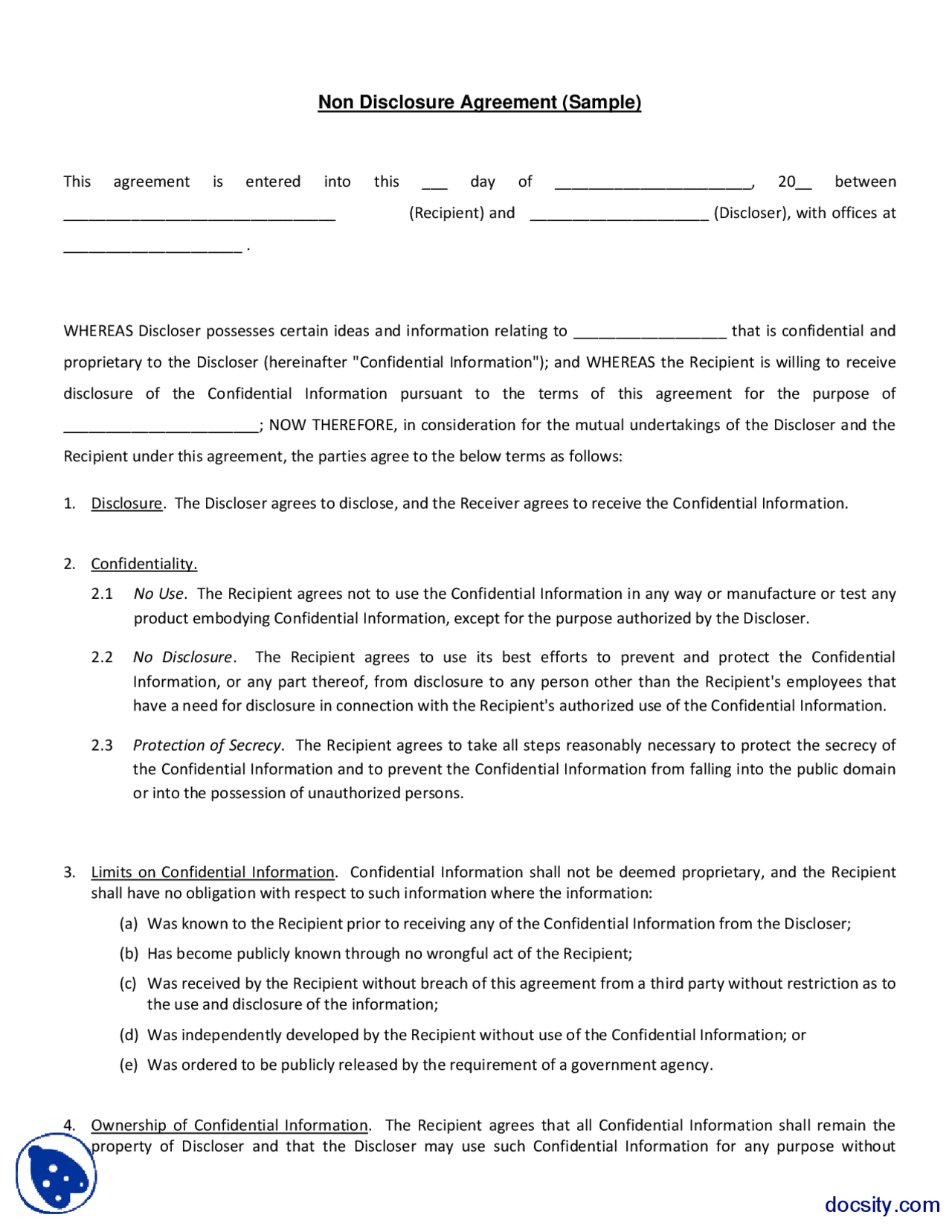 Non Disclosure Agreement SampleIntellectual PropertyHandout Docsity