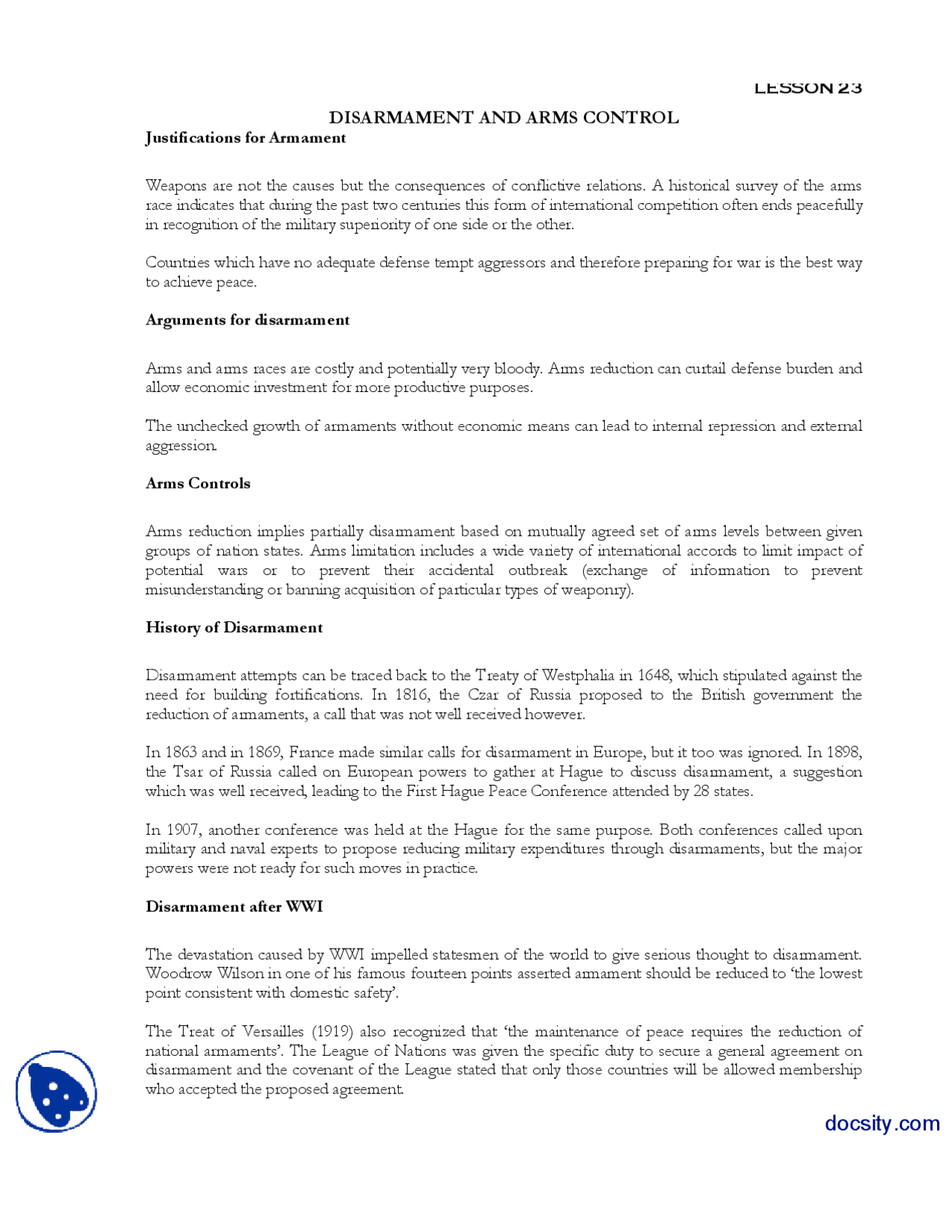 Disarmament and Arms Control-International Relations-Lecture Handout ...