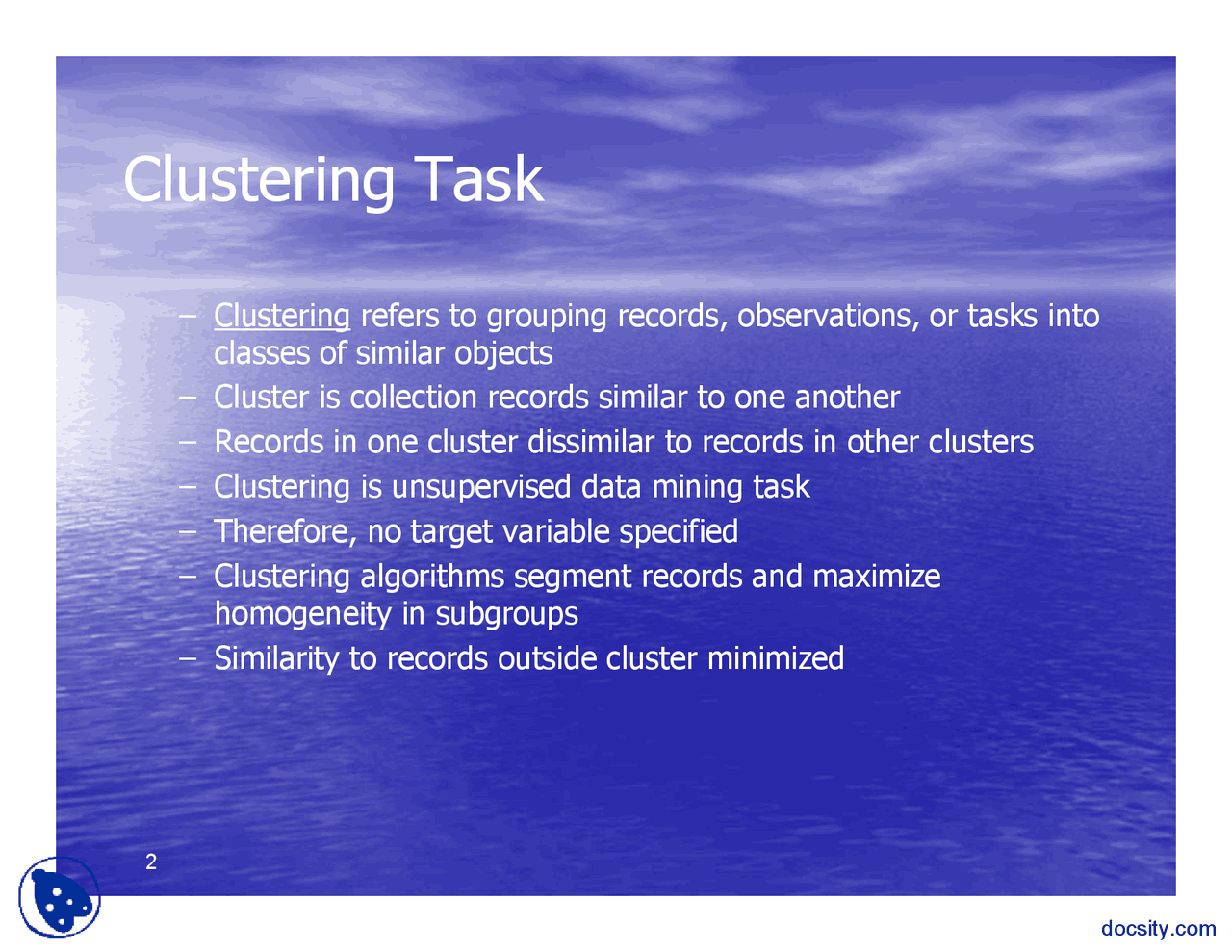 Clustering-Data Warehouse-Lecture Slides - Docsity
