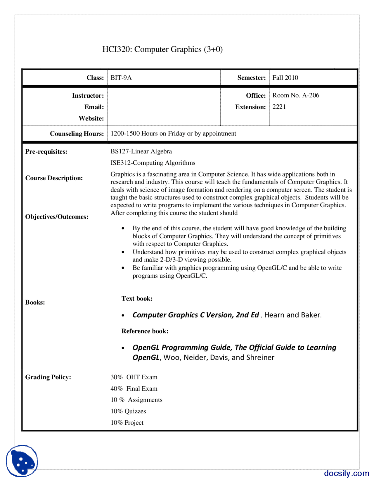 Course Outline-Computer Graphics-Course Breakdown - Docsity