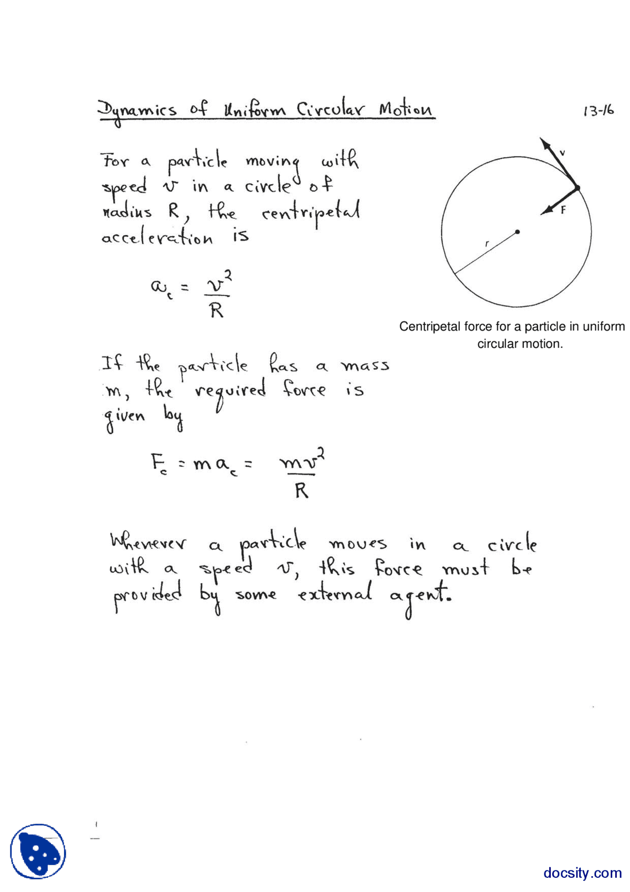 Uniform Circular Motion Notes.pdf Dynamics Of Uniform Circular Motion-Physics-Lecture Notes - Docsity