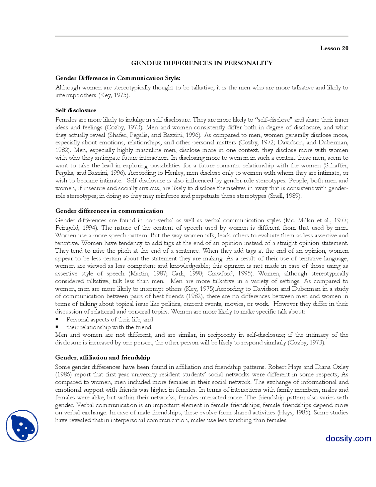 Gender Differences In Personality I-Gender Psychology-Handouts - Docsity