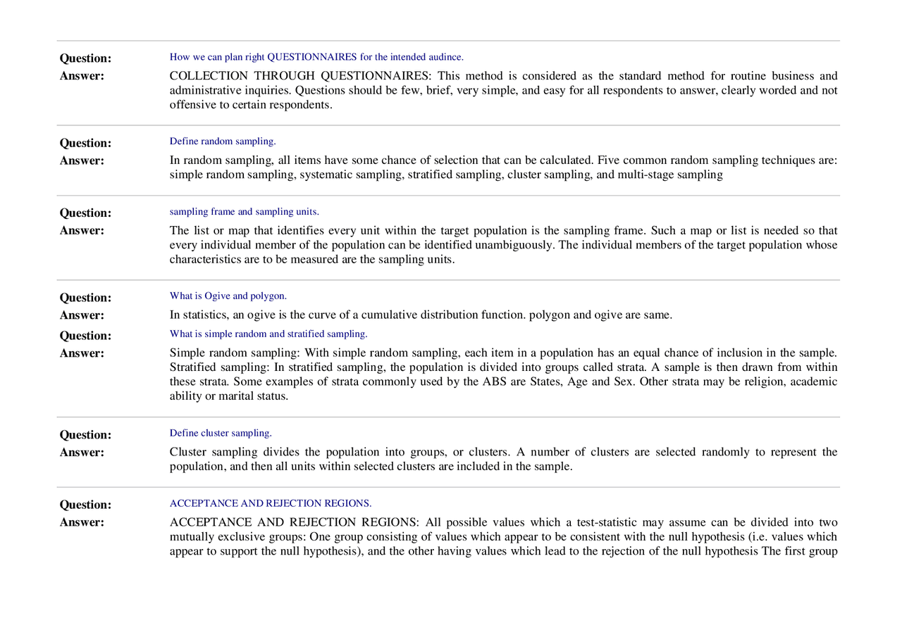Statistical Questionnaires Example Questionnaires-Statistics-Solved Assignments - Docsity