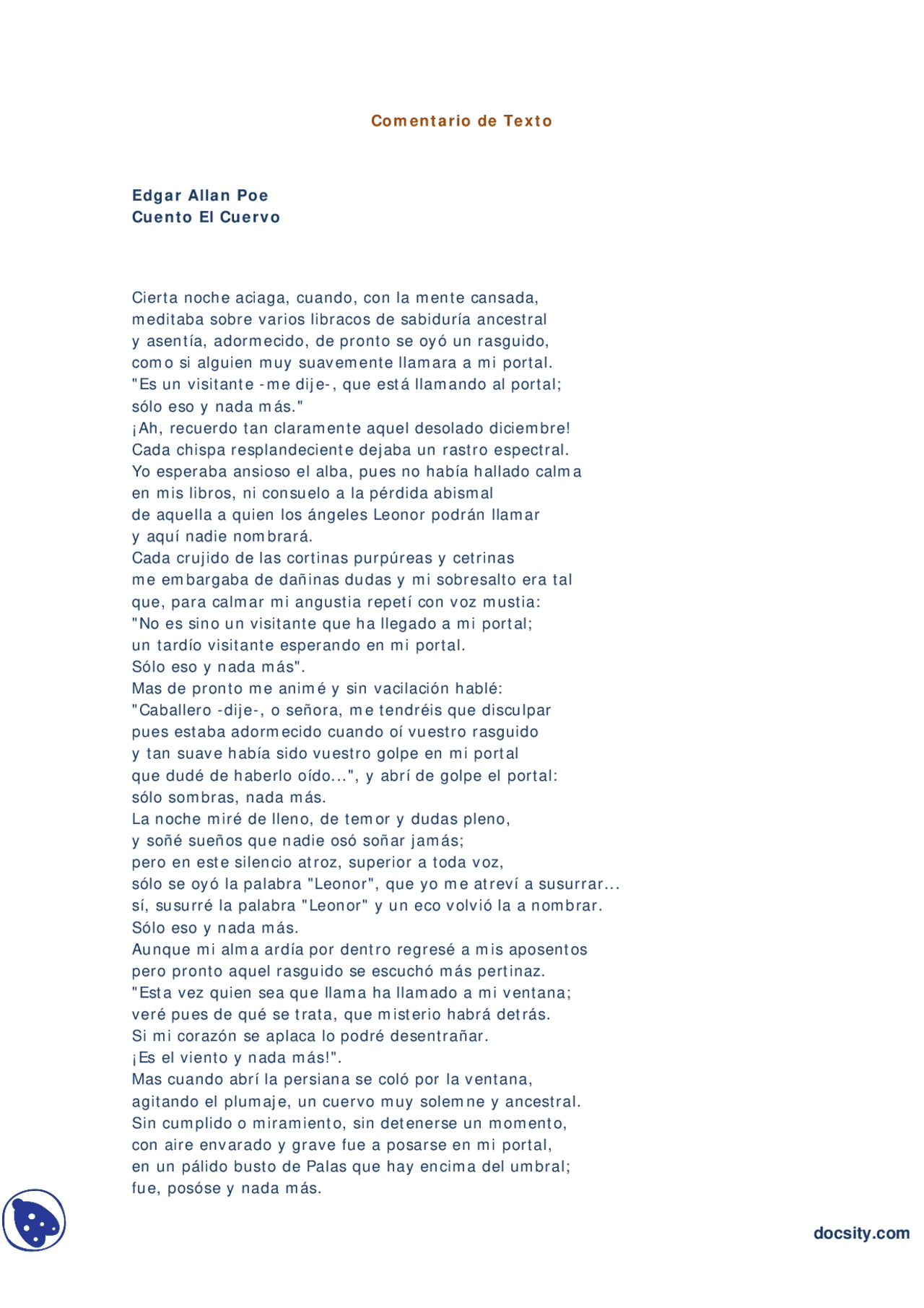 Cuento El Cuervo Alan Poe Resumenes Literatura Docsity
