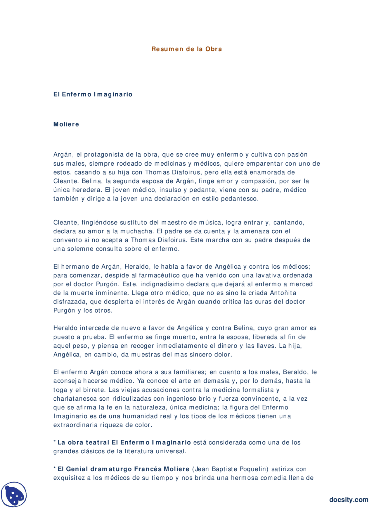 El Enfermo Imaginario Moliere Resumenes Literatura Docsity