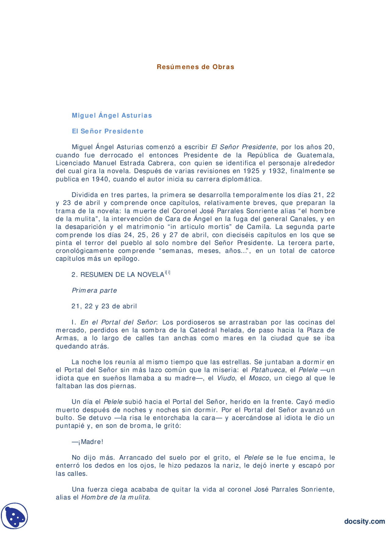 El Senor Presidente Miguel Angel Asturias Resumenes Literatura Docsity