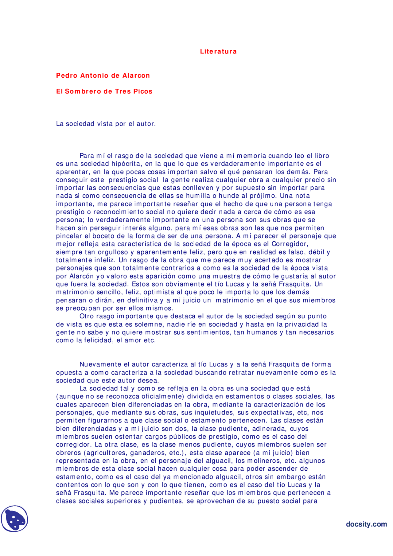 El Sombrero De Tres Picos Apuntes Literatura Docsity