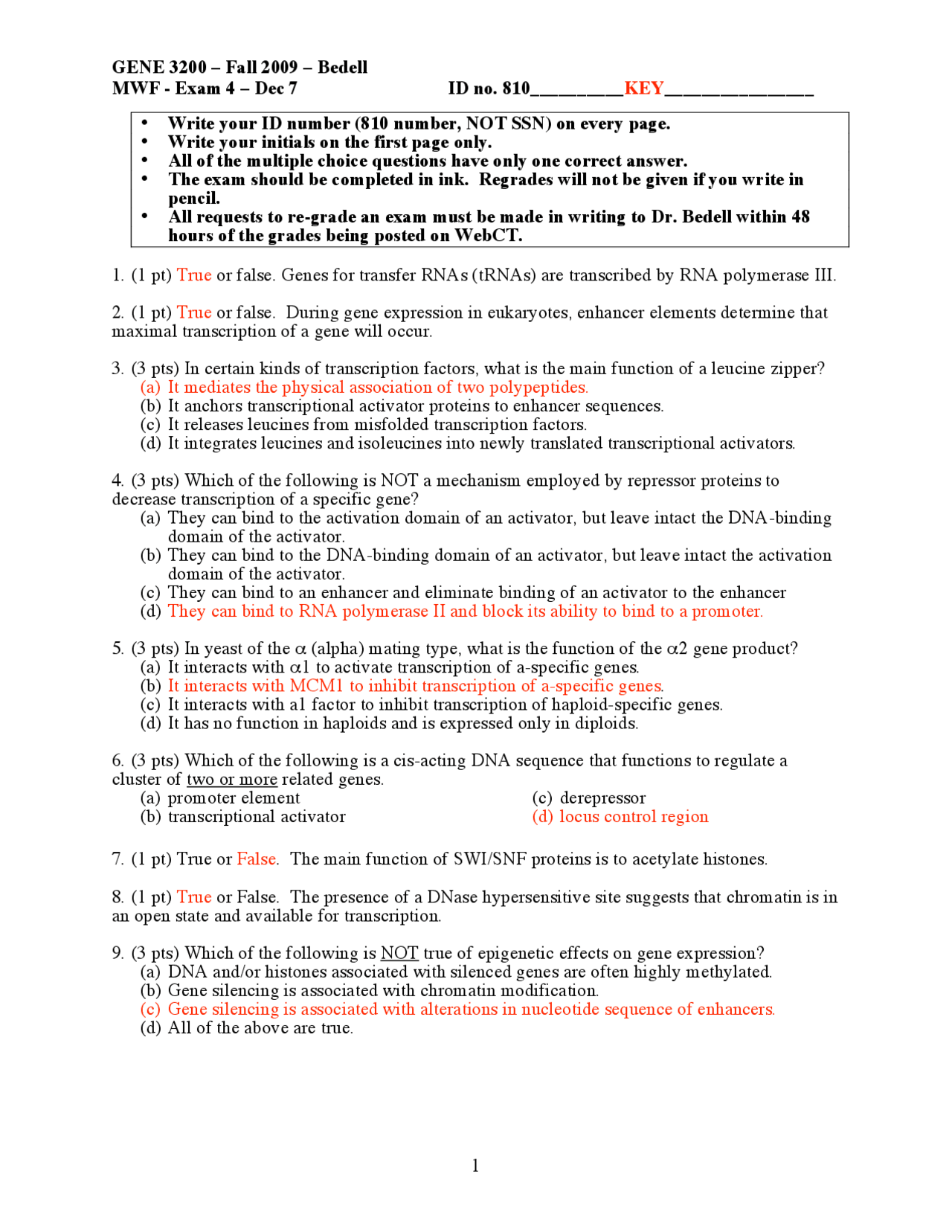 Genetics - Test Four with Answer Key | GENE 3200 - Docsity