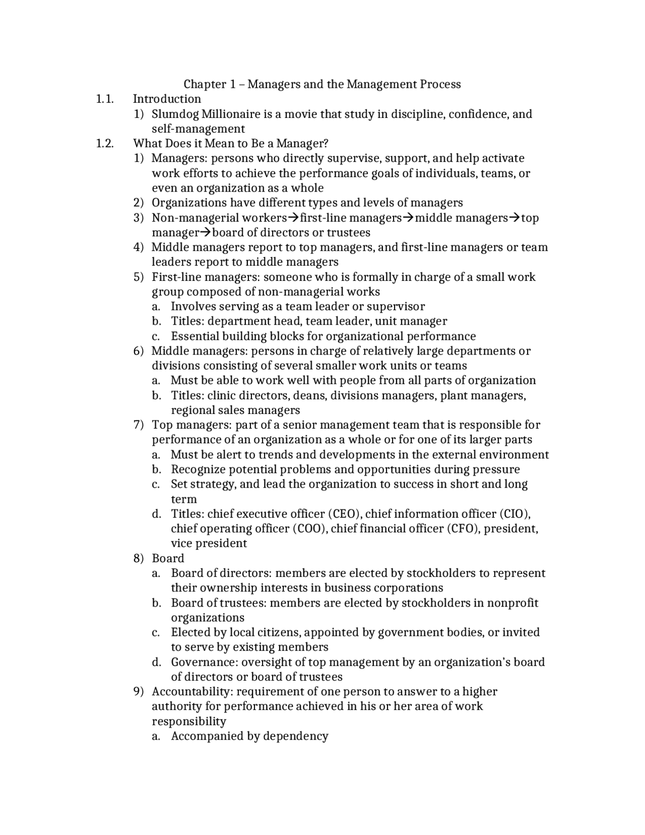 Notes for Managers and Management Process | MGMT 301 - Docsity