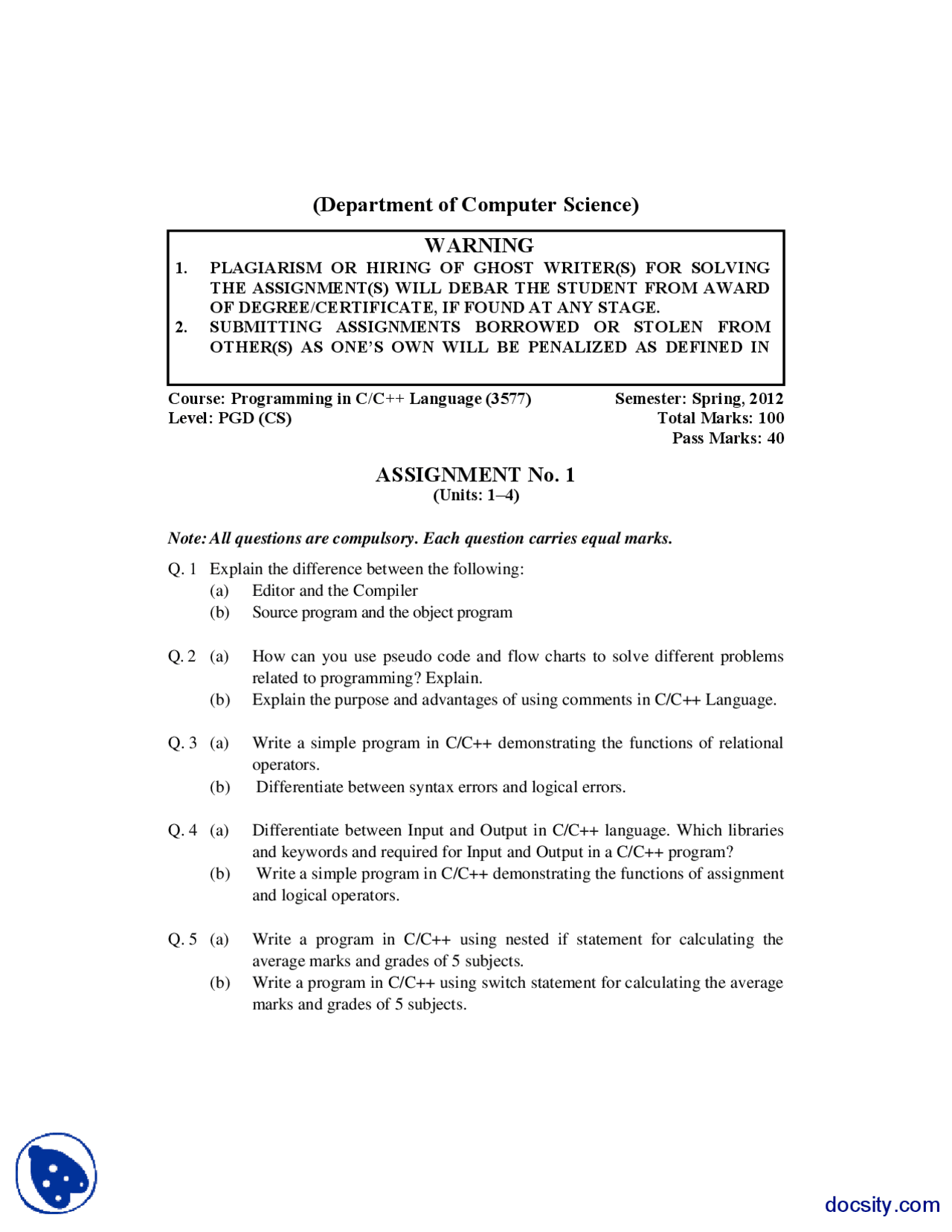 Programming in C and C plus plus Language-Computer Science-Assignment ...