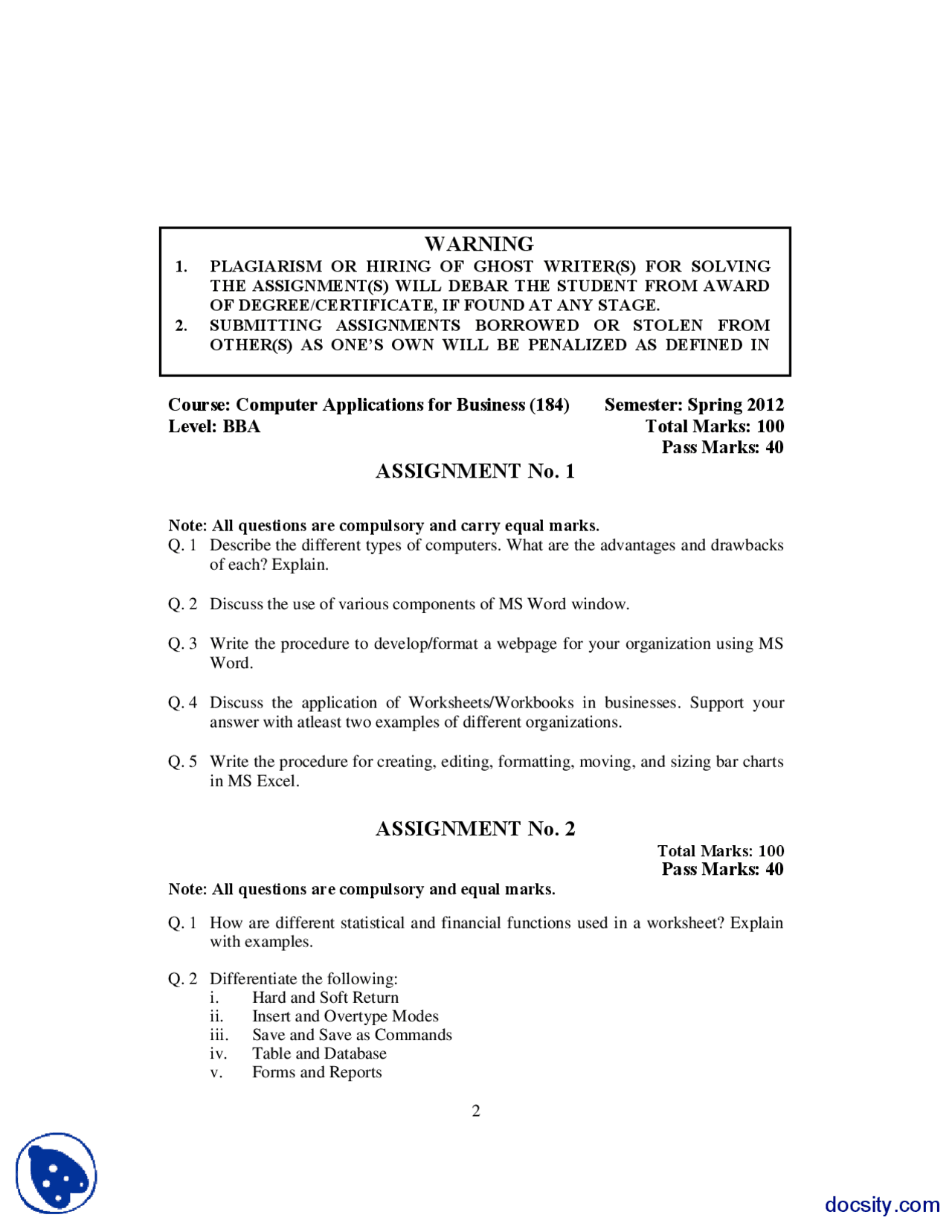Computer Application-Computer Science-Assignment - Docsity