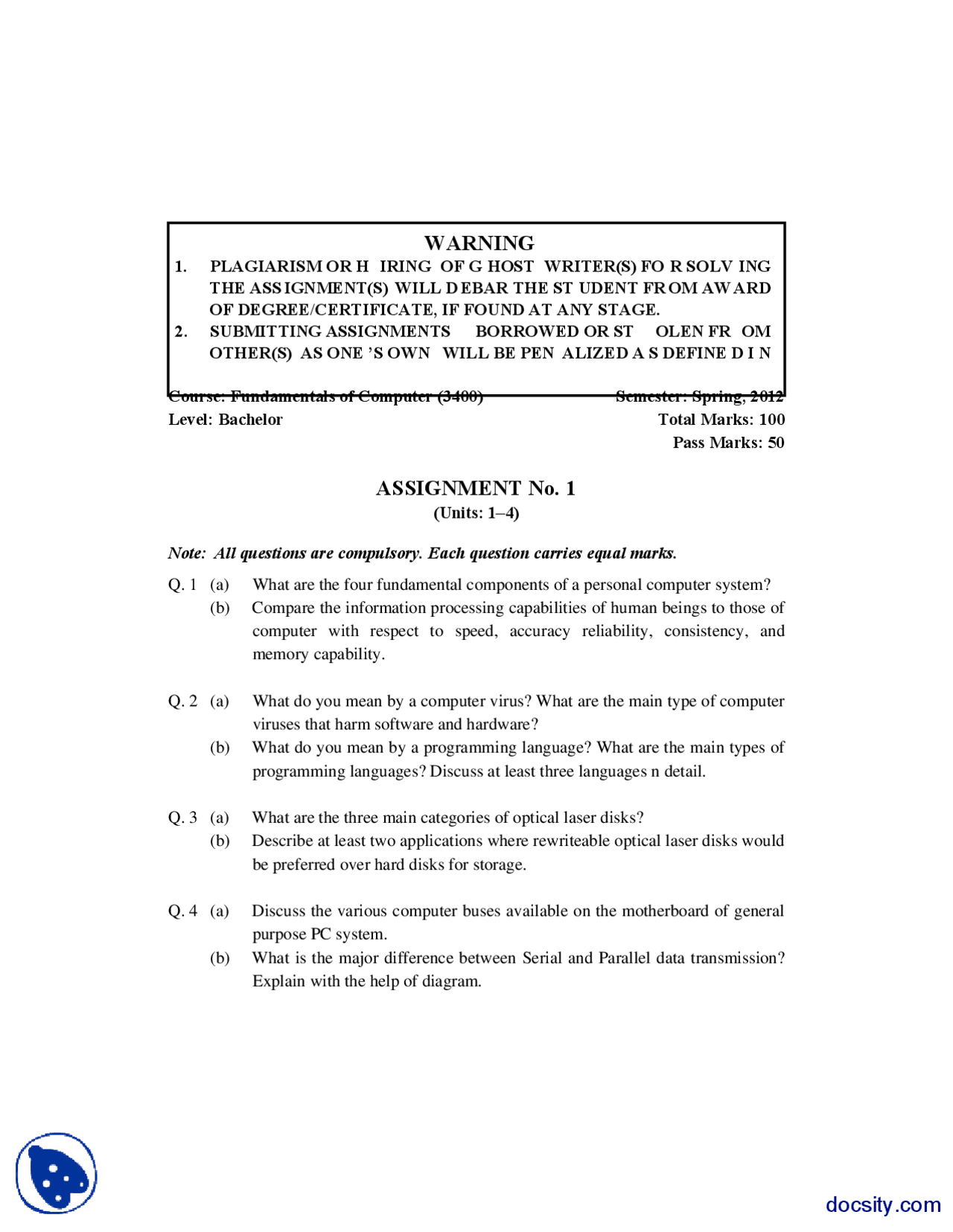 Computer Assignment Find Fundamentals of Computer-Computer Science-Assignment - Docsity