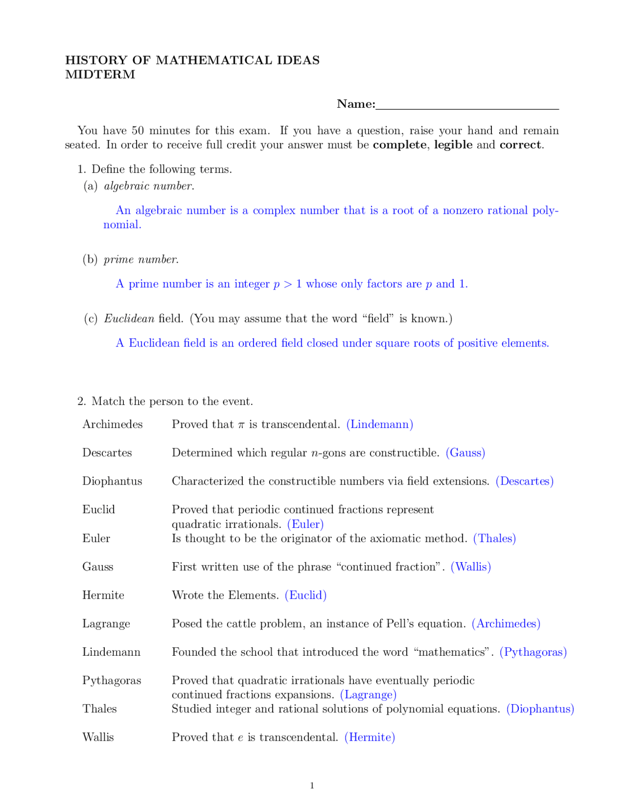 History of Mathematical Ideas - Midterm Exam | MATH 4820 - Docsity