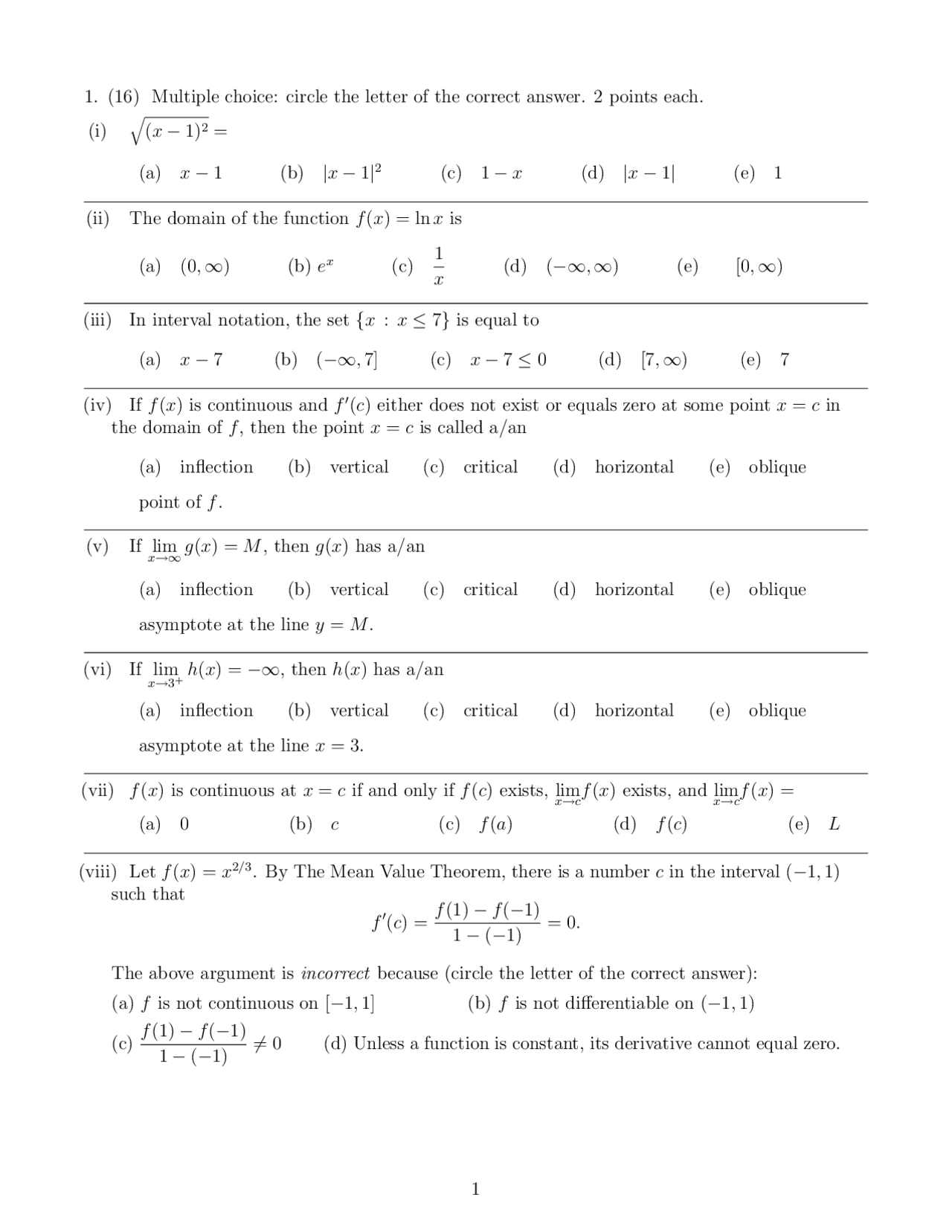 Practice Questions for Final - Analytic Geometry and Calculus 1 | MATH ...