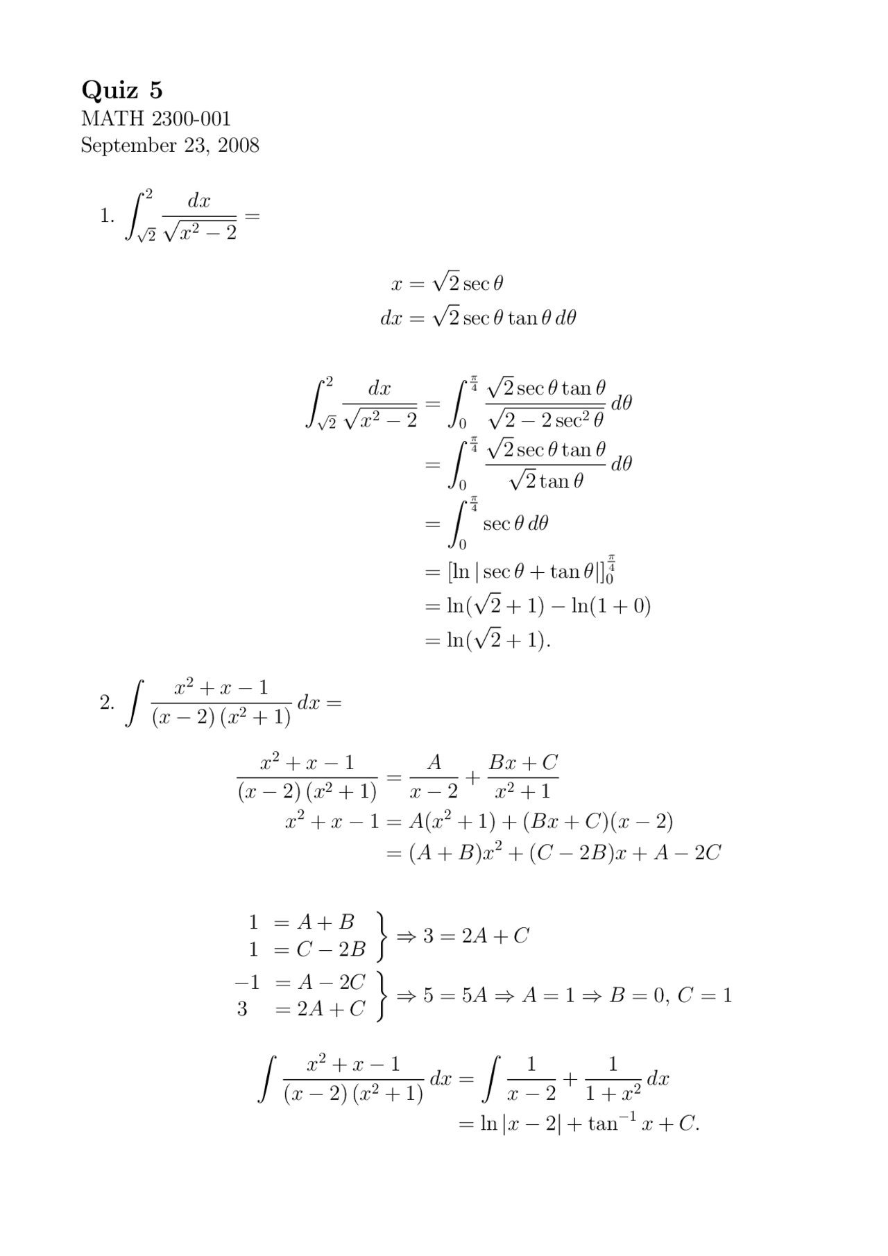 Quiz 5 with Solutions for Analytic Geometry and Calculus II | MATH 2300 ...