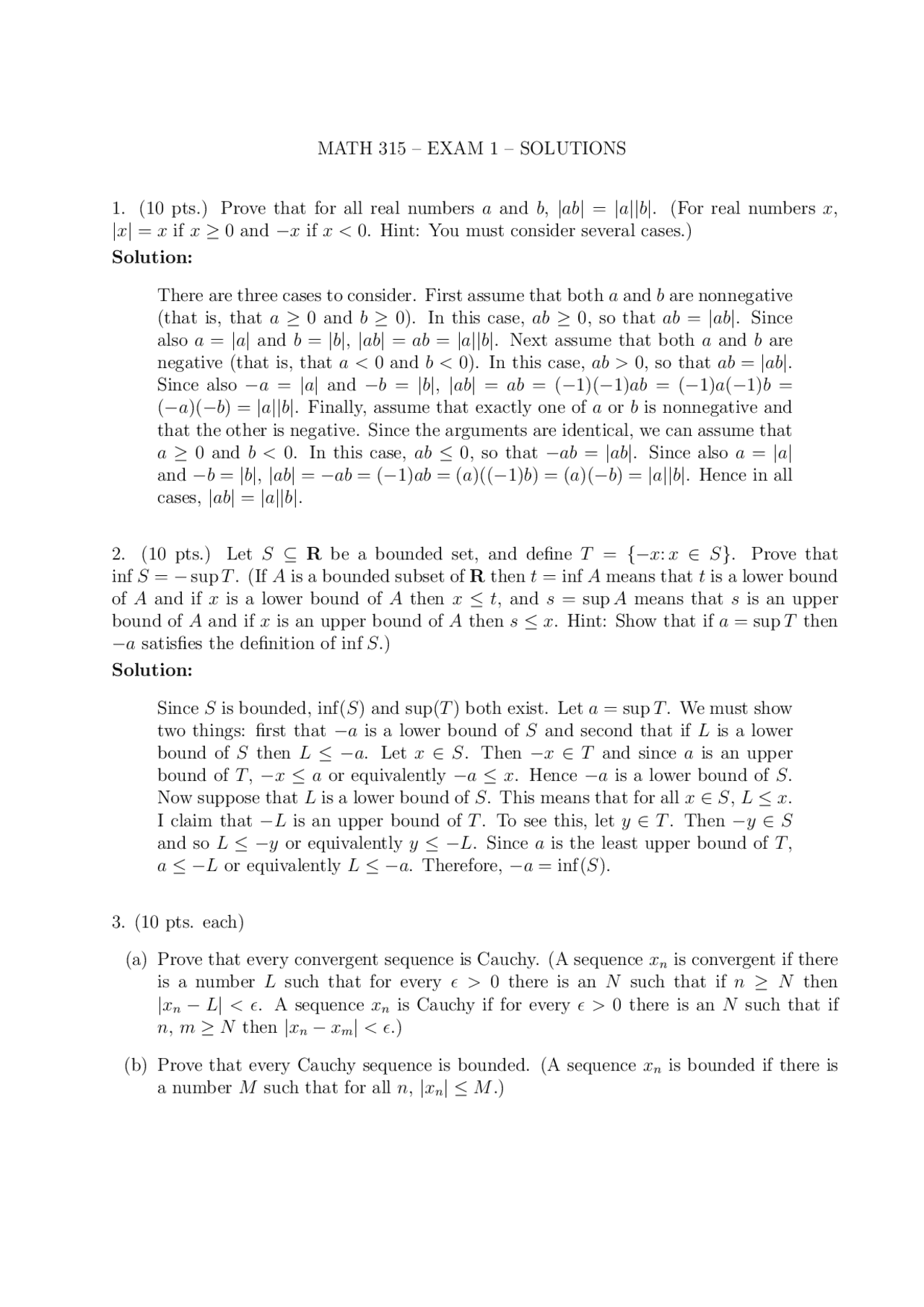 Midterm Exam 1 with Solutions - Advanced Calculus I | MATH 315 | Exams ...