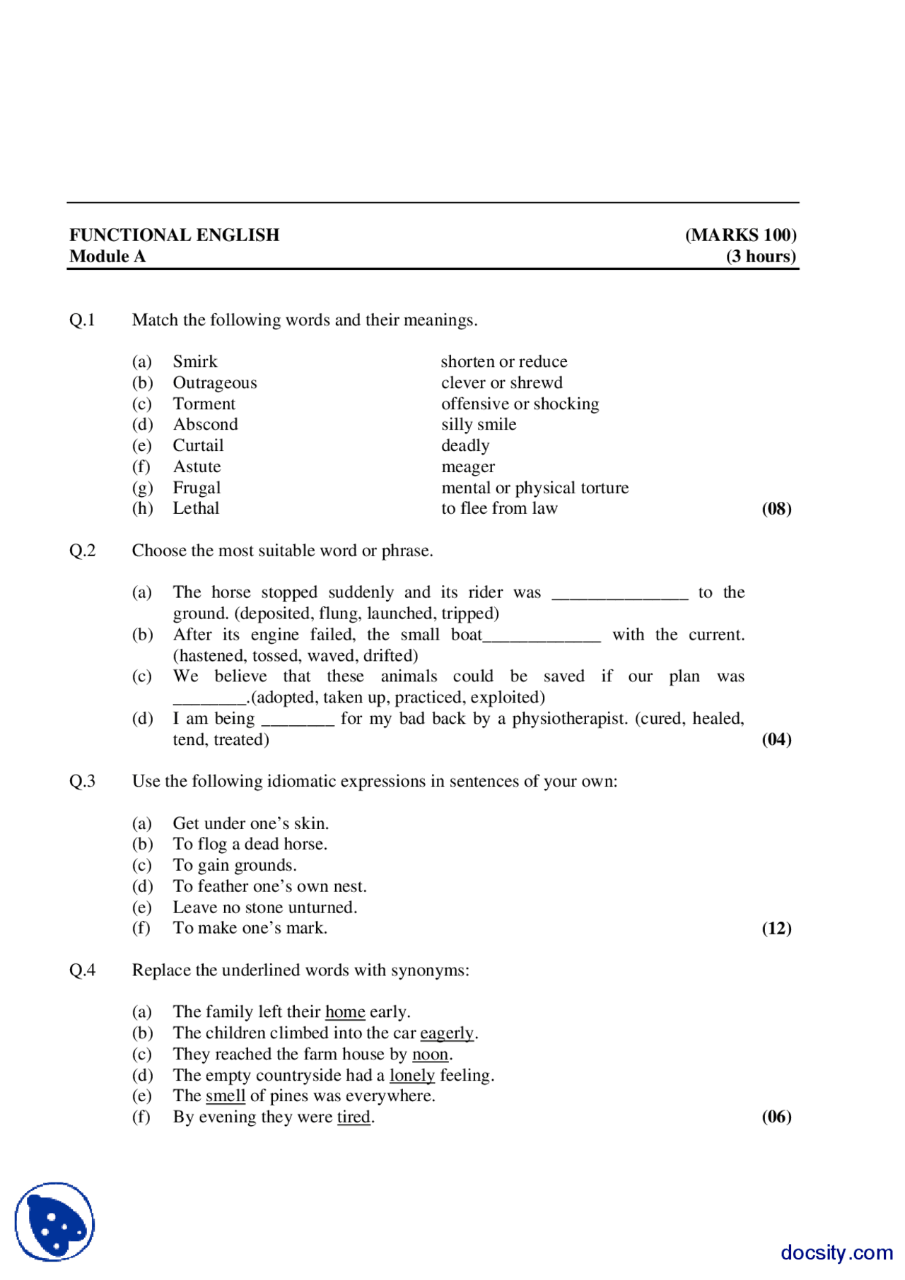 Function English Paper Meanings-Functional English-Exam Paper - Docsity