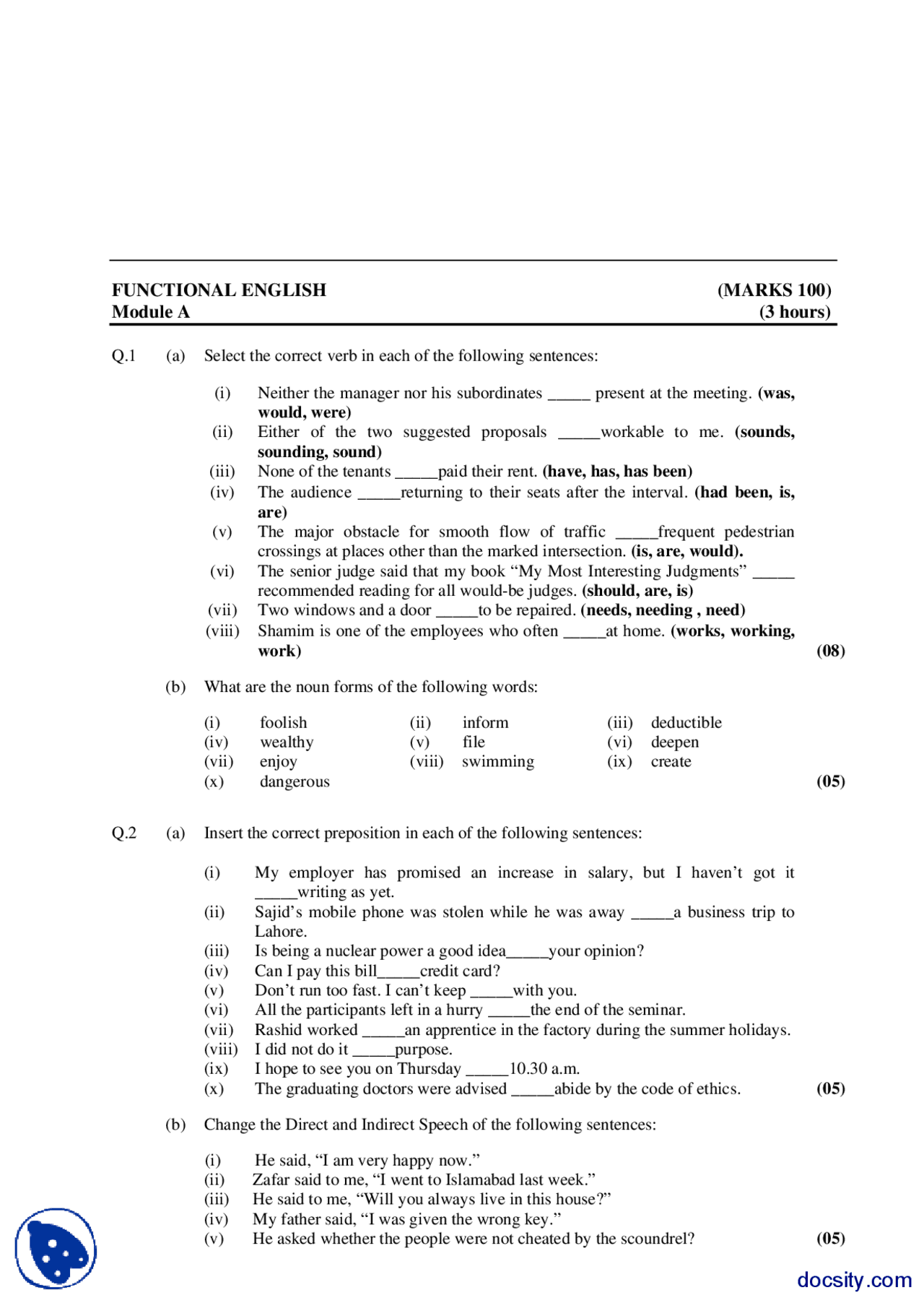 Function English Paper Verb Correction-Functional English-Exam Paper - Docsity