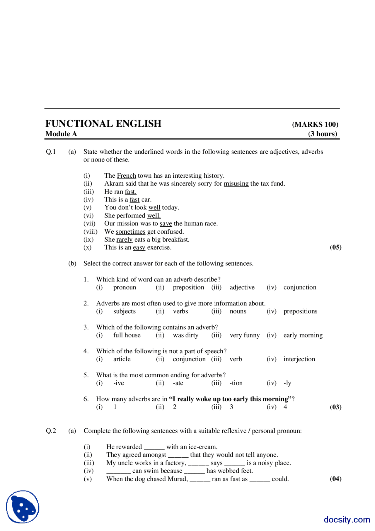 Function English Paper Adjectives and Verbs-Functional English-Exam Paper - Docsity