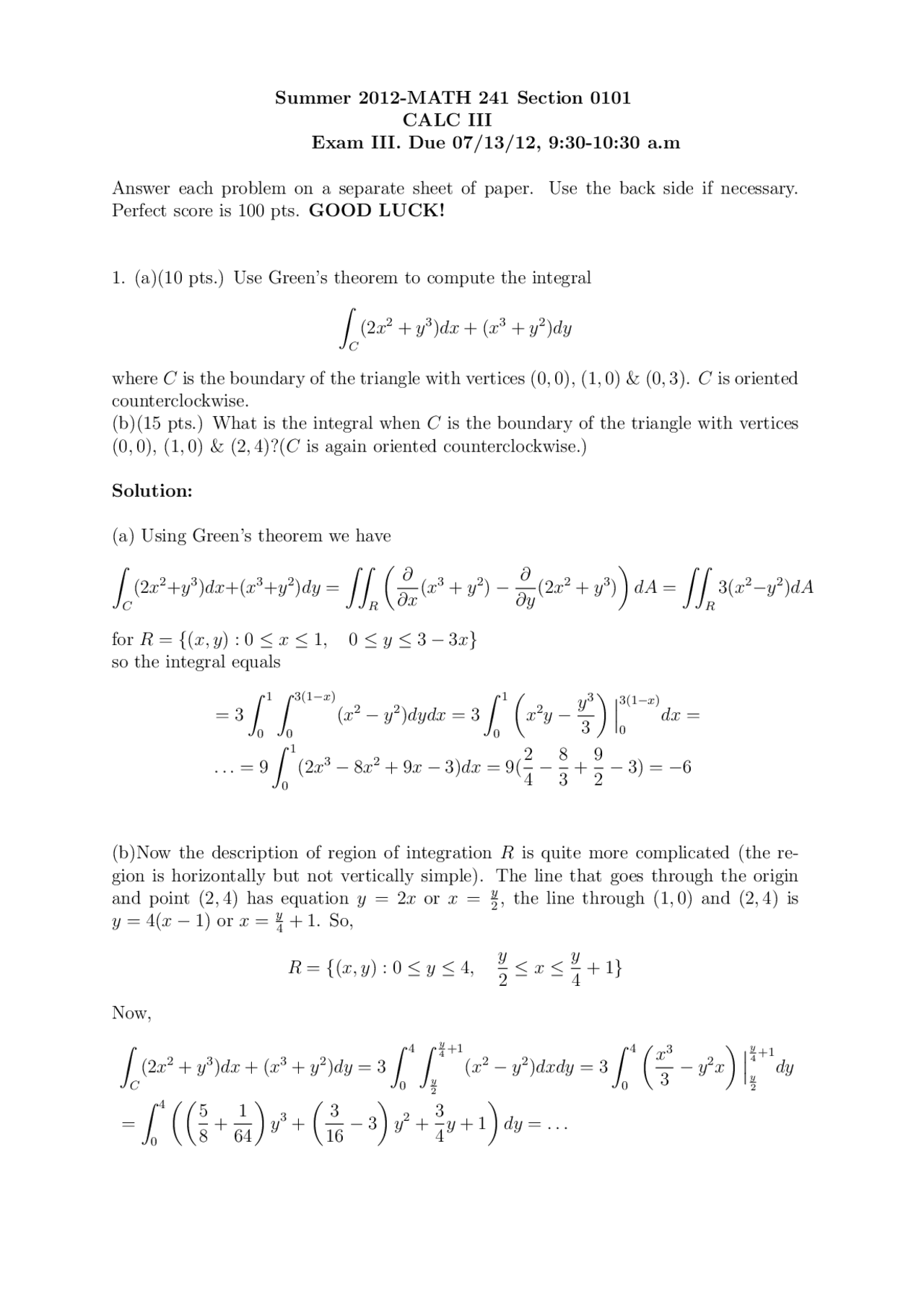 Exam 3 with Solution for Calculus III | MATH 241 - Docsity