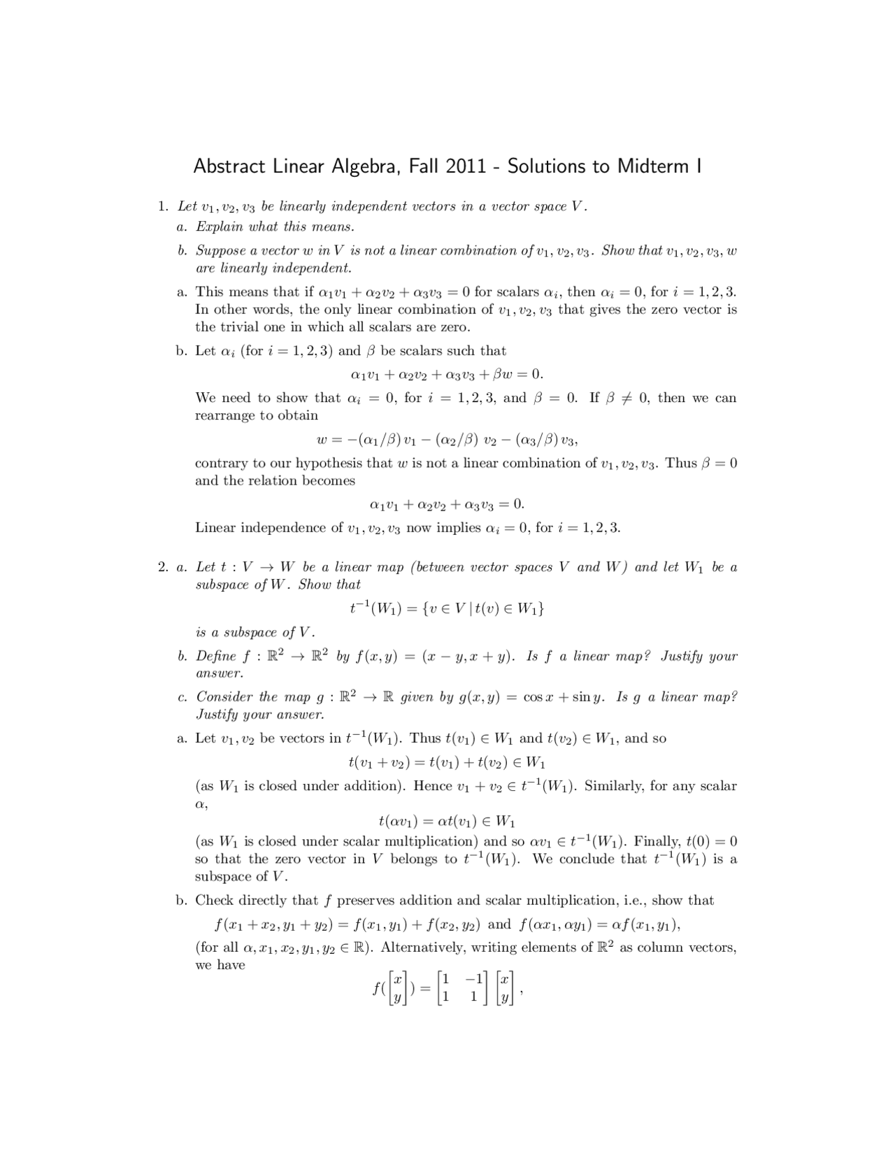 Solutions to Midterm I for Abstract Linear Algebra | MATH 4373 - Docsity
