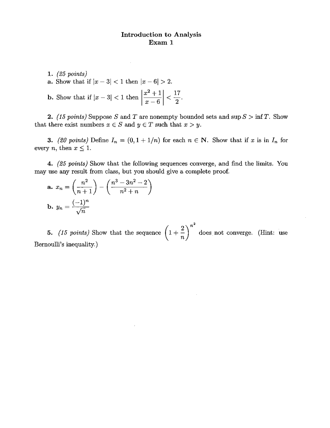 Exam 1 Unsolved Questions - Introduction to Analysis I | MATH 4433 ...
