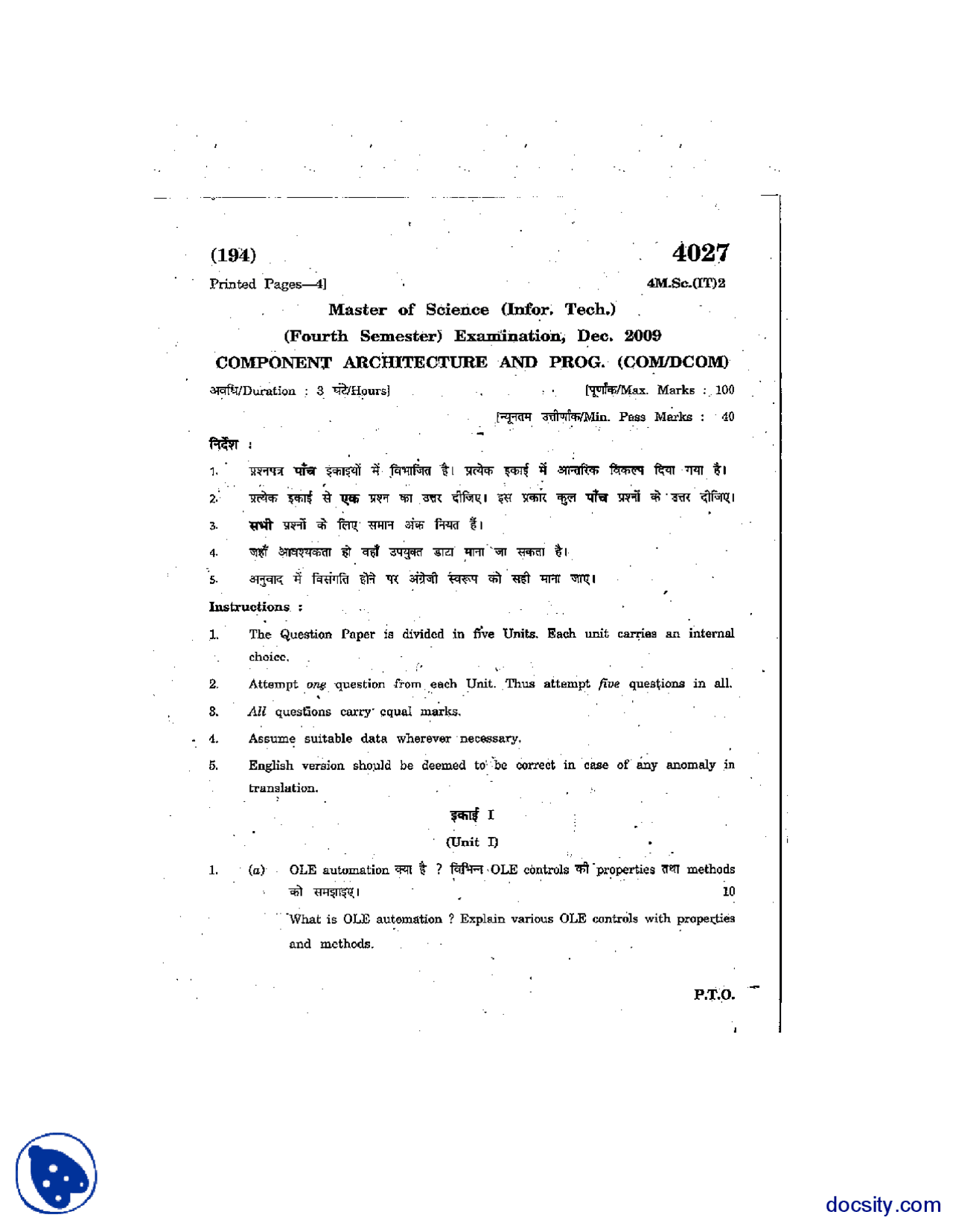 Master of Science-Information Technology-Exam Paper - Docsity