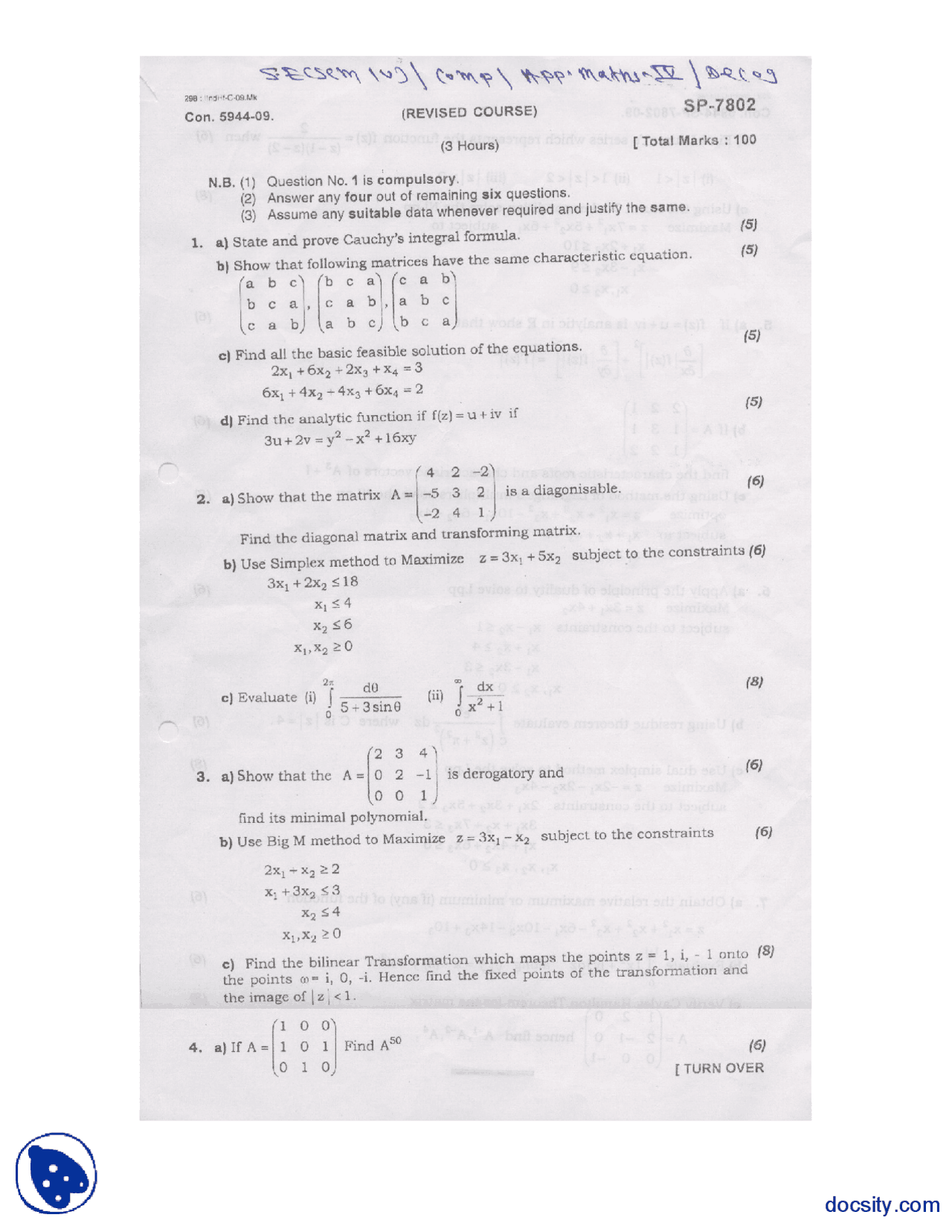 Applied Math Sample Paper Applied Mathematics Part 2-Maths-Exam Paper - Docsity