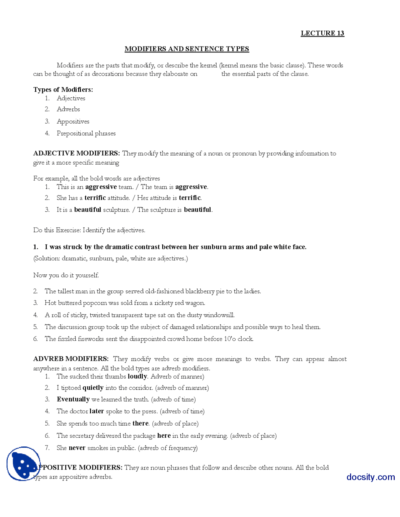 Modifiers and Sentences-Journalistic Writing-Lecture Handout - Docsity