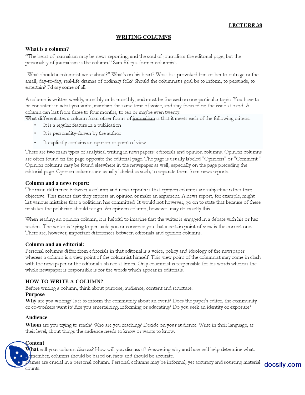 Writing Columns-Journalistic Writing-Lecture Handout - Docsity