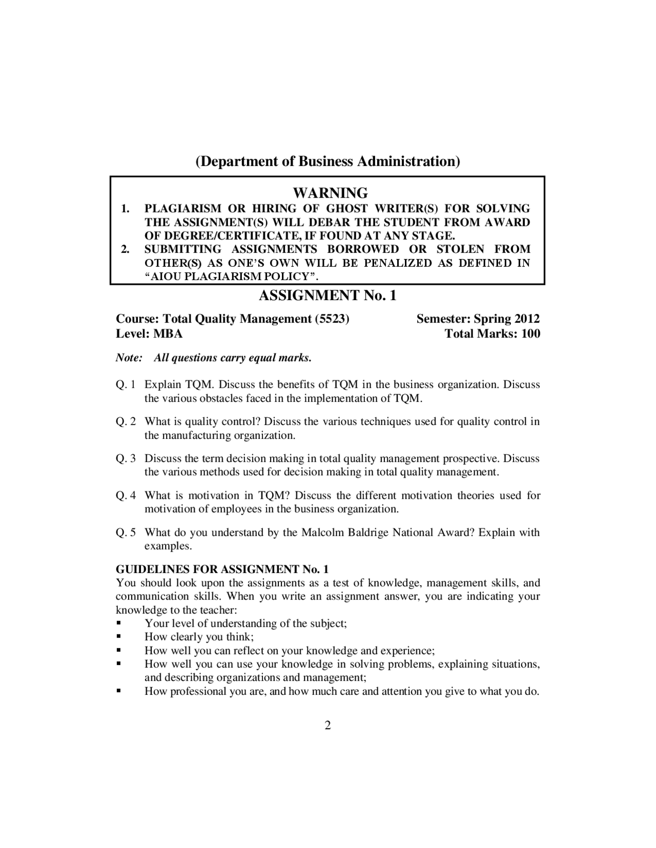 Decision Making Total Quality Management Assignment Docsity