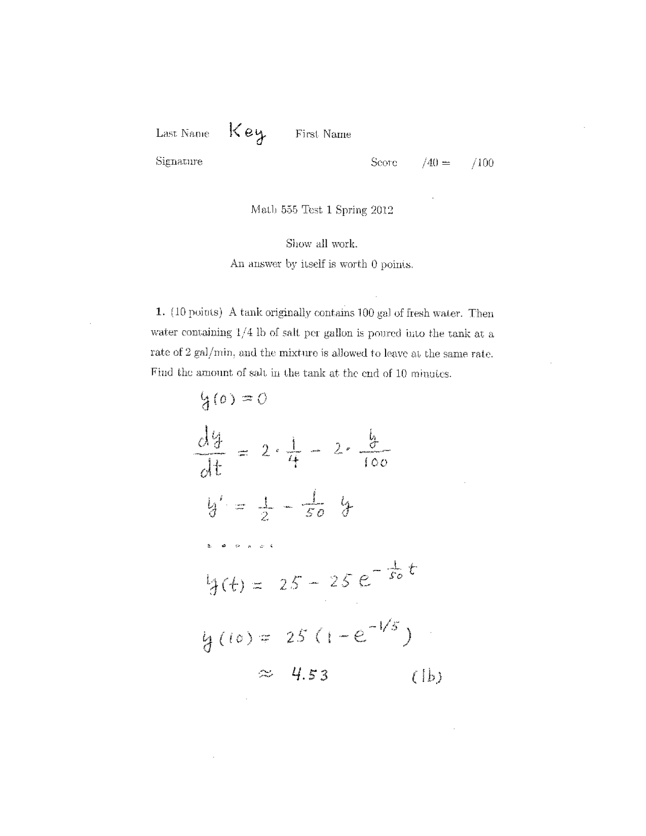 Harvard Math 555 Exam I with Answer Key - Differential Equations I | MATH 555 - Docsity