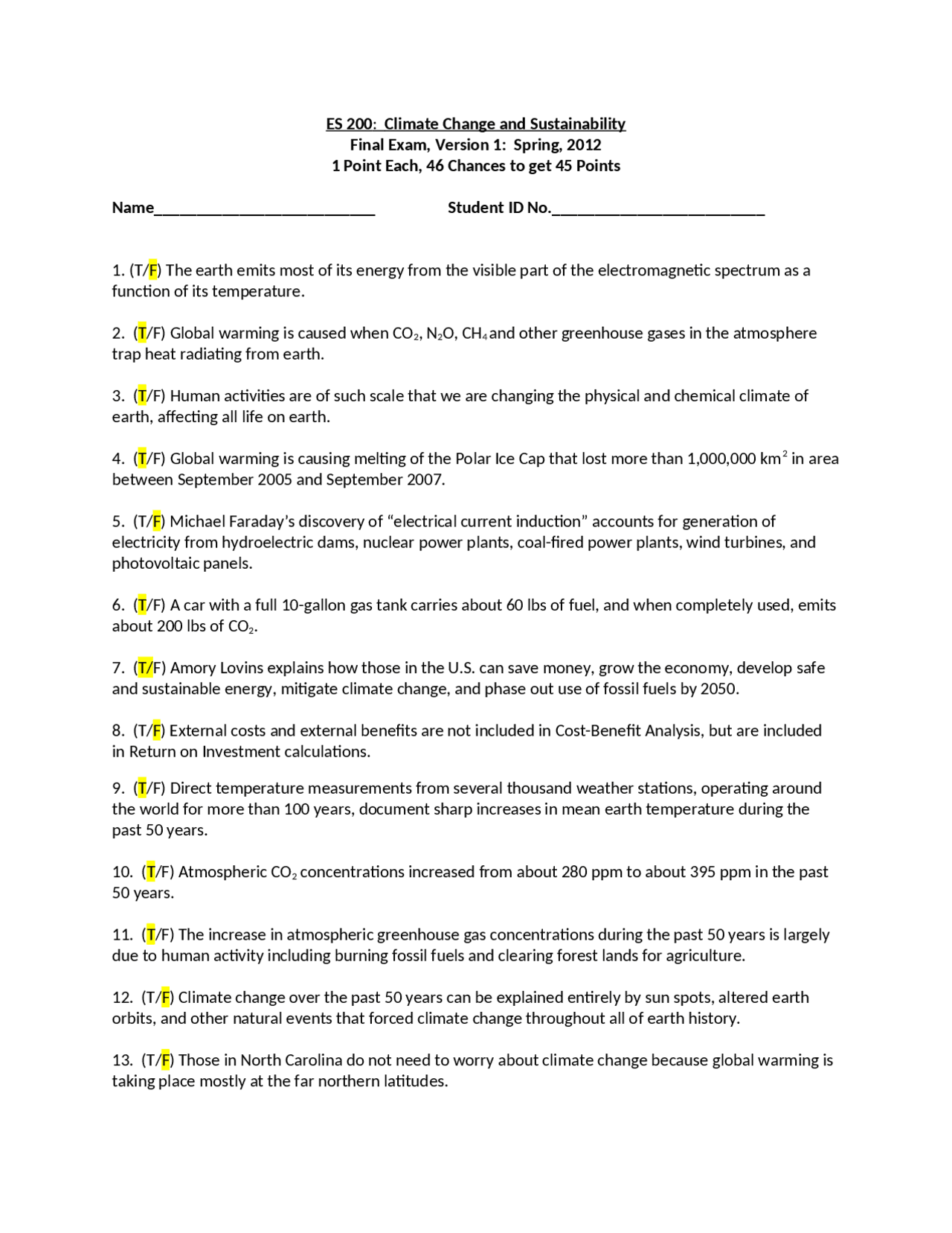 Final Exam for Climate Change and Sustainability | ES 200 - Docsity