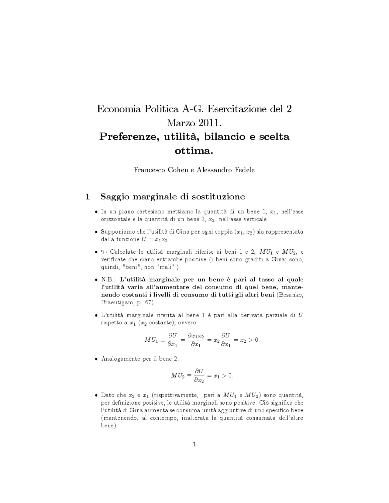 Saggio marginale di sostituzione Esercitazioni di Economia Politica I Esercizi di Economia