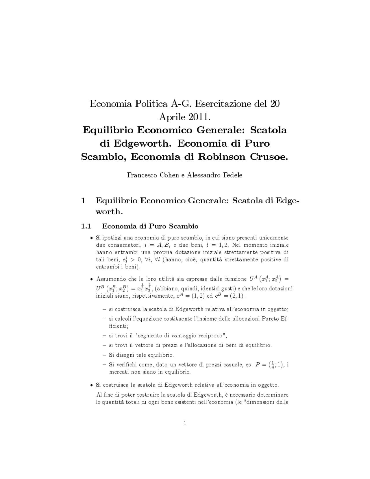 Scatola di Edgeworth Esercitazioni di Economia Politica I Docsity