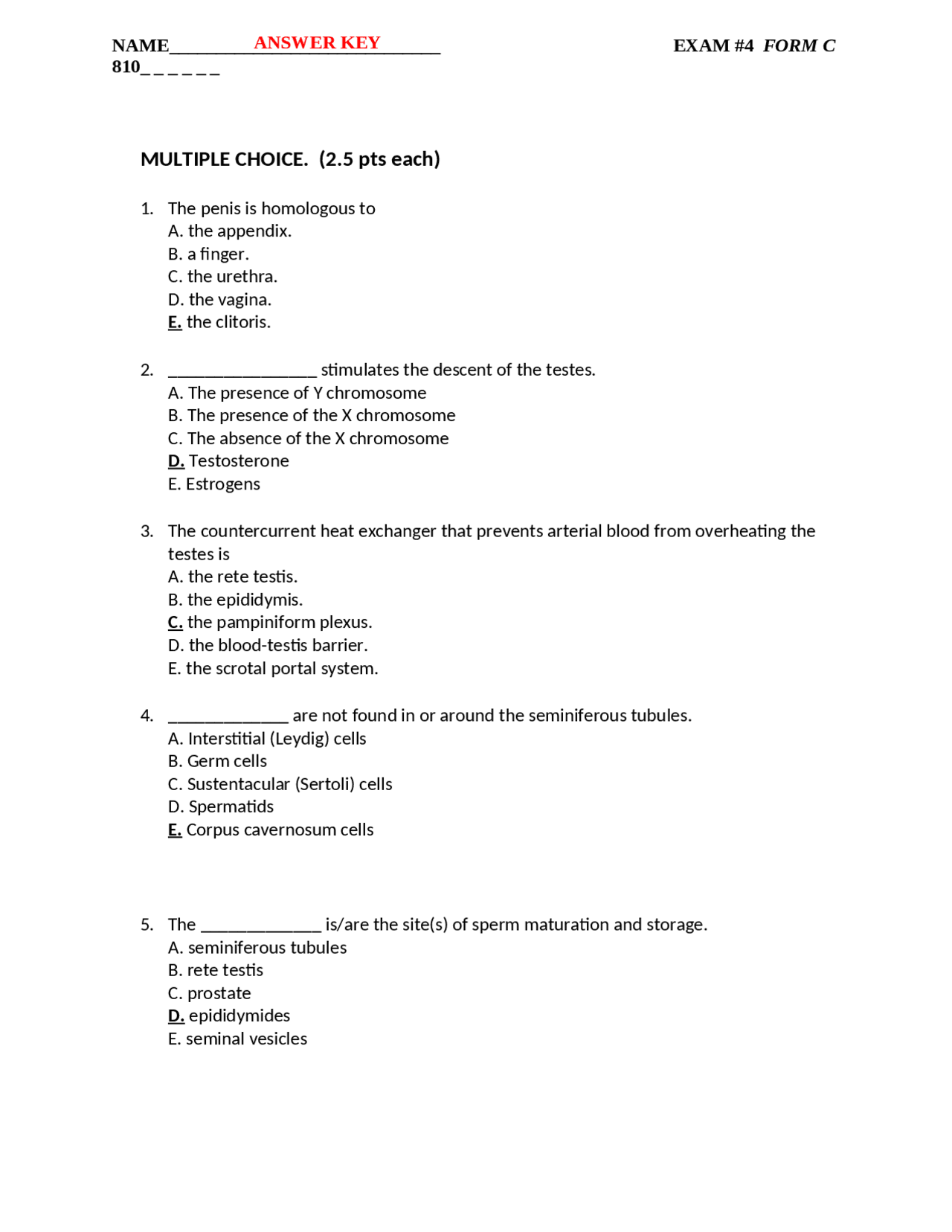Old Exam 4C with Answer Key - Anatomy and Physiology II | CBIO 2210 ...