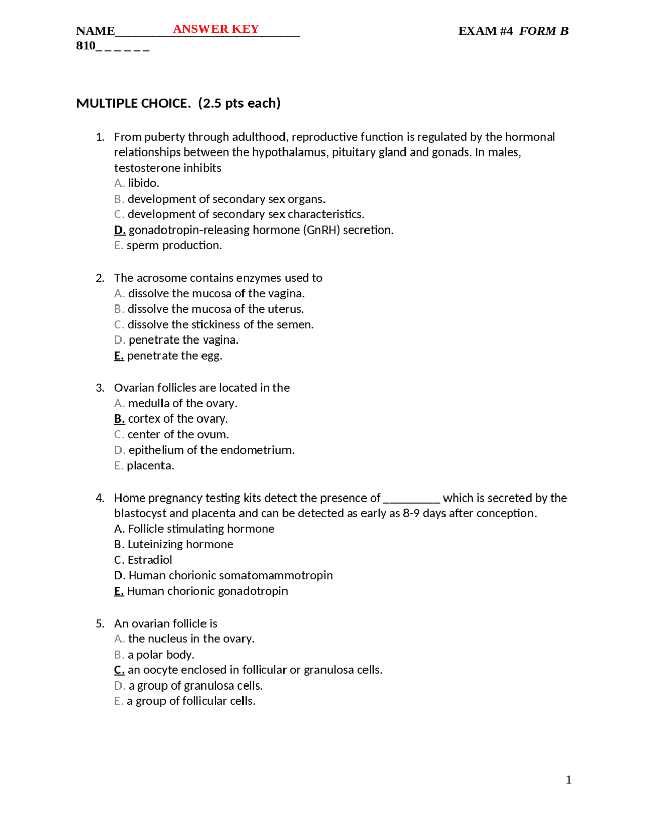 Old Exam 4B with Answers - Anatomy and Physiology II | CBIO 2210 - Docsity
