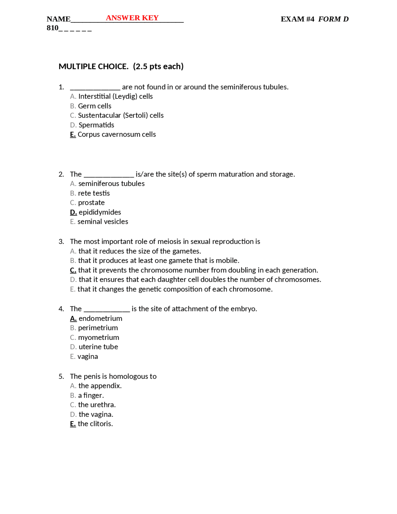 Anatomy and Physiology II - Solved Exam 4 | CBIO 2210 - Docsity