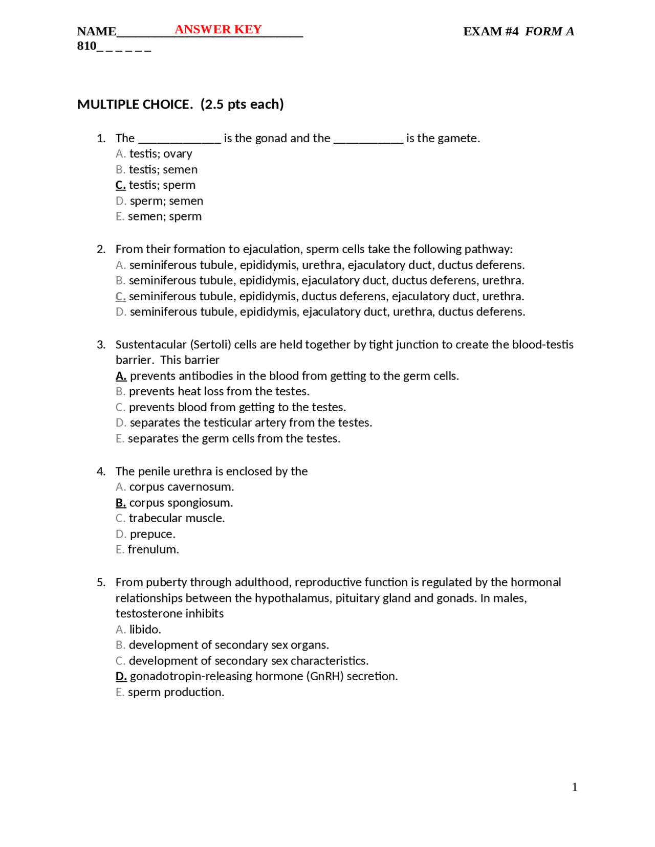40 Solved MCQs on Anatomy and Physiology IIi - Exam 4 | CBIO 2210 - Docsity