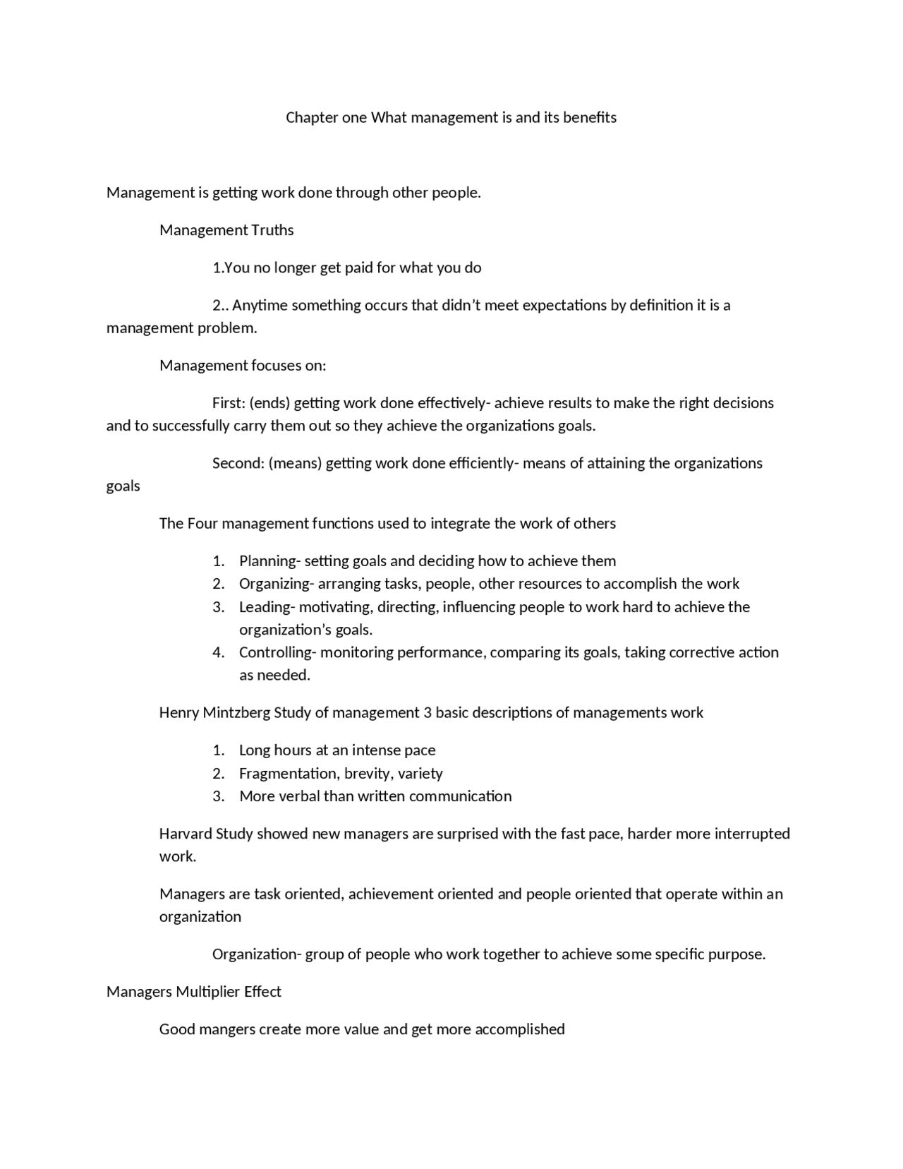 Chapter 1: What is Management and Its Benefits - Notes | MGT 3304 - Docsity