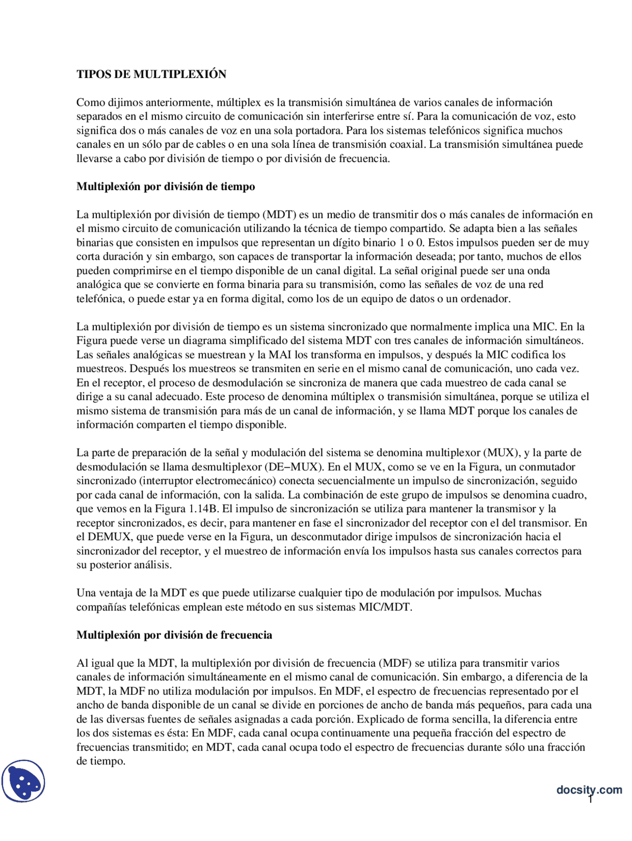 Tipos De Multiplexión - Apuntes - Redes - Docsity