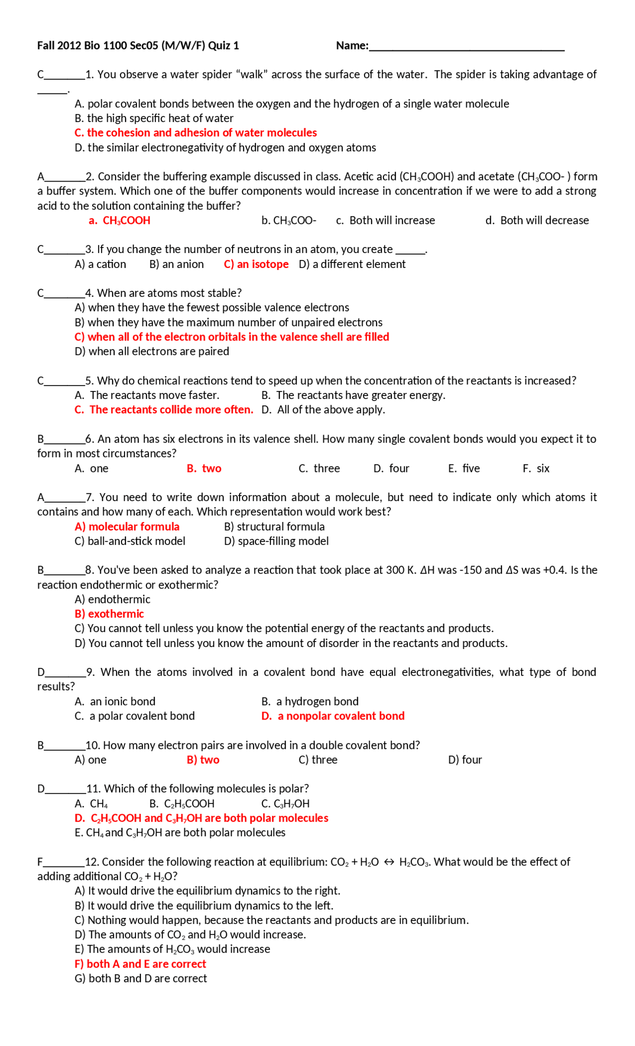 Quiz 1 with Answer Key - Principles of Biology for Major | BIOL 1100 ...