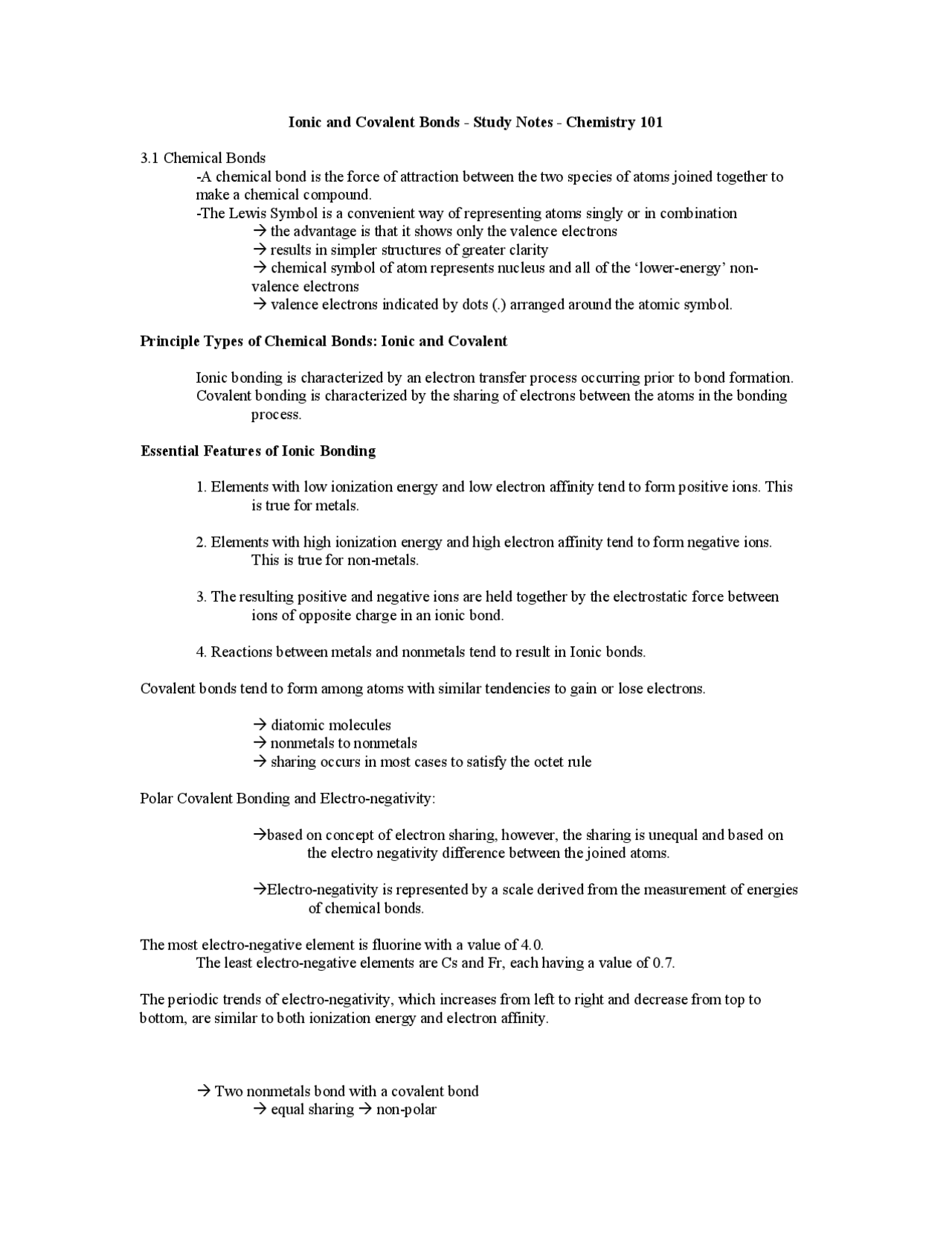Ionic and Covalent Bonds - Study Notes - Chemistry 101 - Docsity