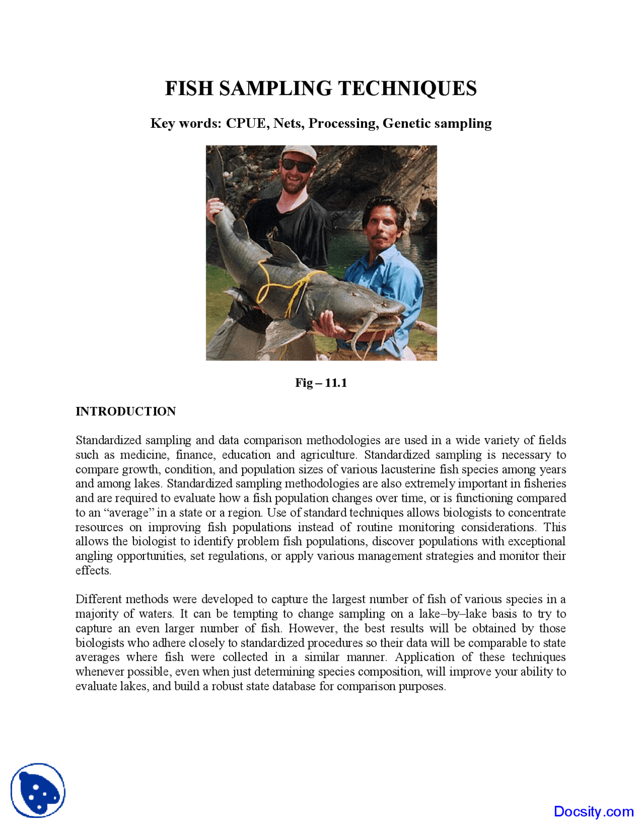 Fish Sampling Techniques - Enviromental Sciences - Lecture Notes - Docsity