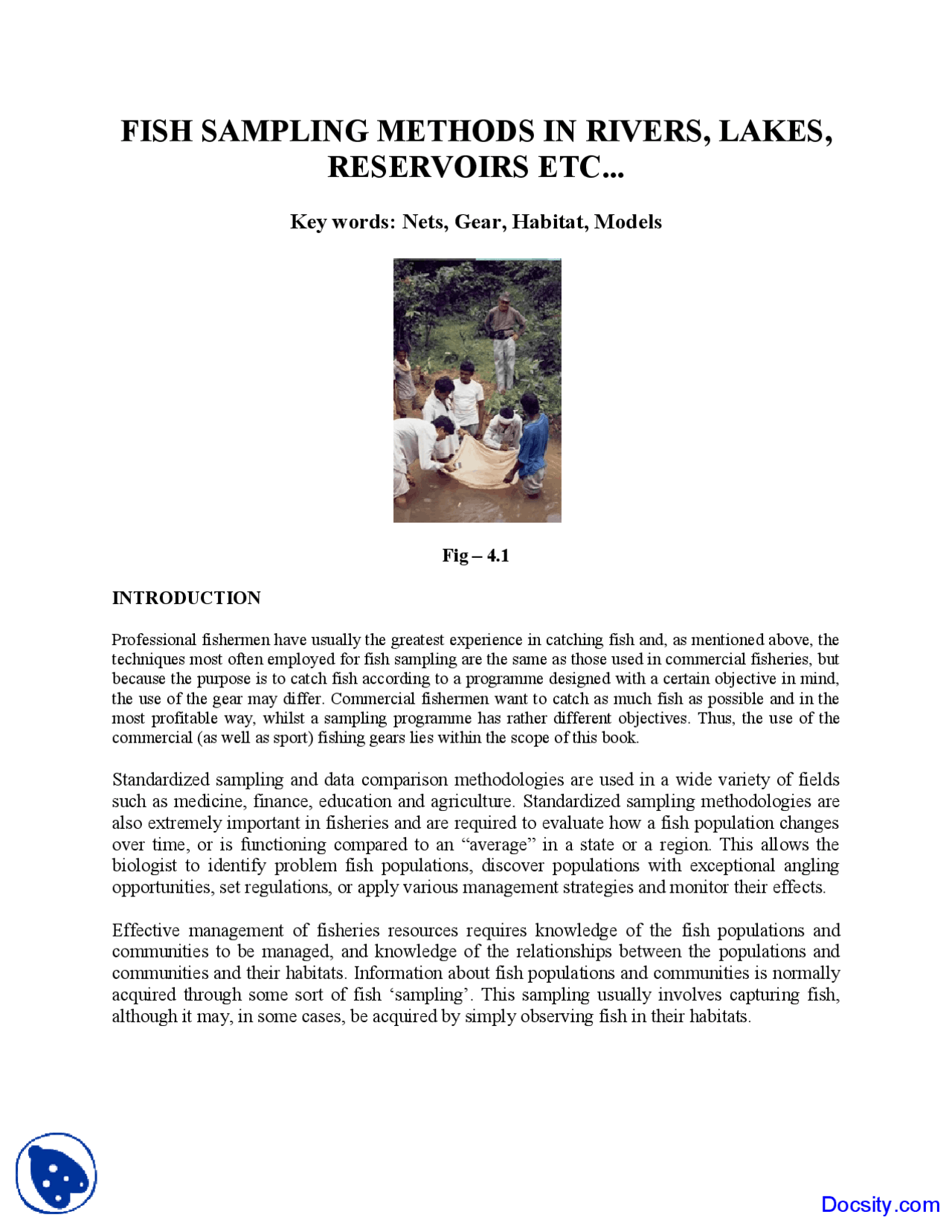 Fish Sampling Methods - Enviromental Sciences - Lecture Notes - Docsity